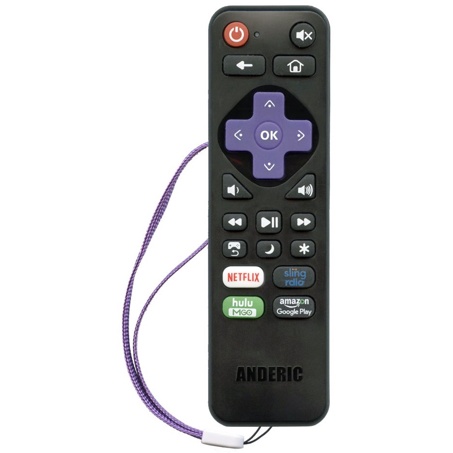 The Anderic RRLC16.2 Roku TV Universal Remote Control is black with a purple directional pad, OK button, and streaming service buttons. Compatible with Roku TVs, it includes a wrist strap and features the "ANDERIC" branding at the bottom.