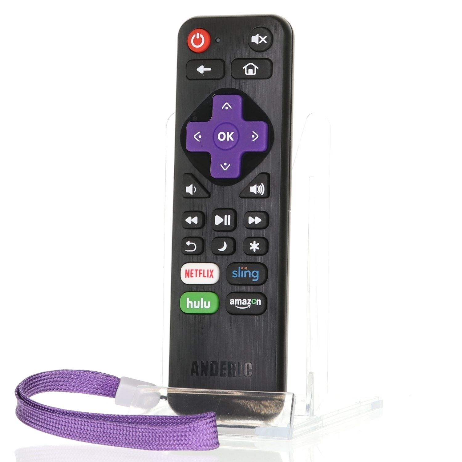 The Anderic RRLF16 Replacement RC280 RC-AFIR RC-ALIR Roku TV remote, black with a purple directional pad, rests in a clear stand. It includes buttons for Netflix, Sling, Hulu, and Amazon and offers seamless compatibility. A purple wrist strap is also attached for convenience.