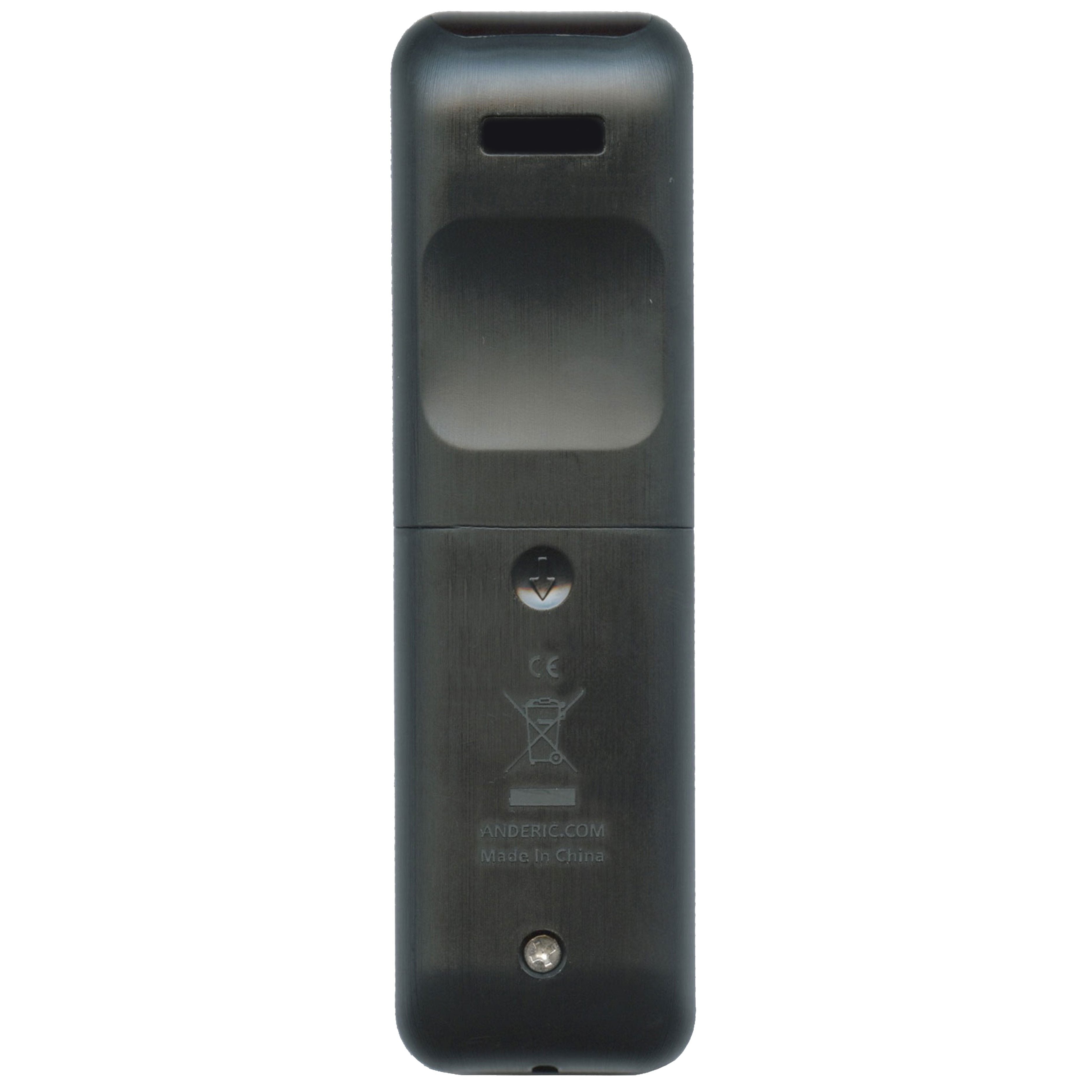 The Anderic RRLF16 Replacement RC280 Remote for Roku TV features a secure screw at the bottom and a button above, with text and symbols indicating its quality craftsmanship in China.