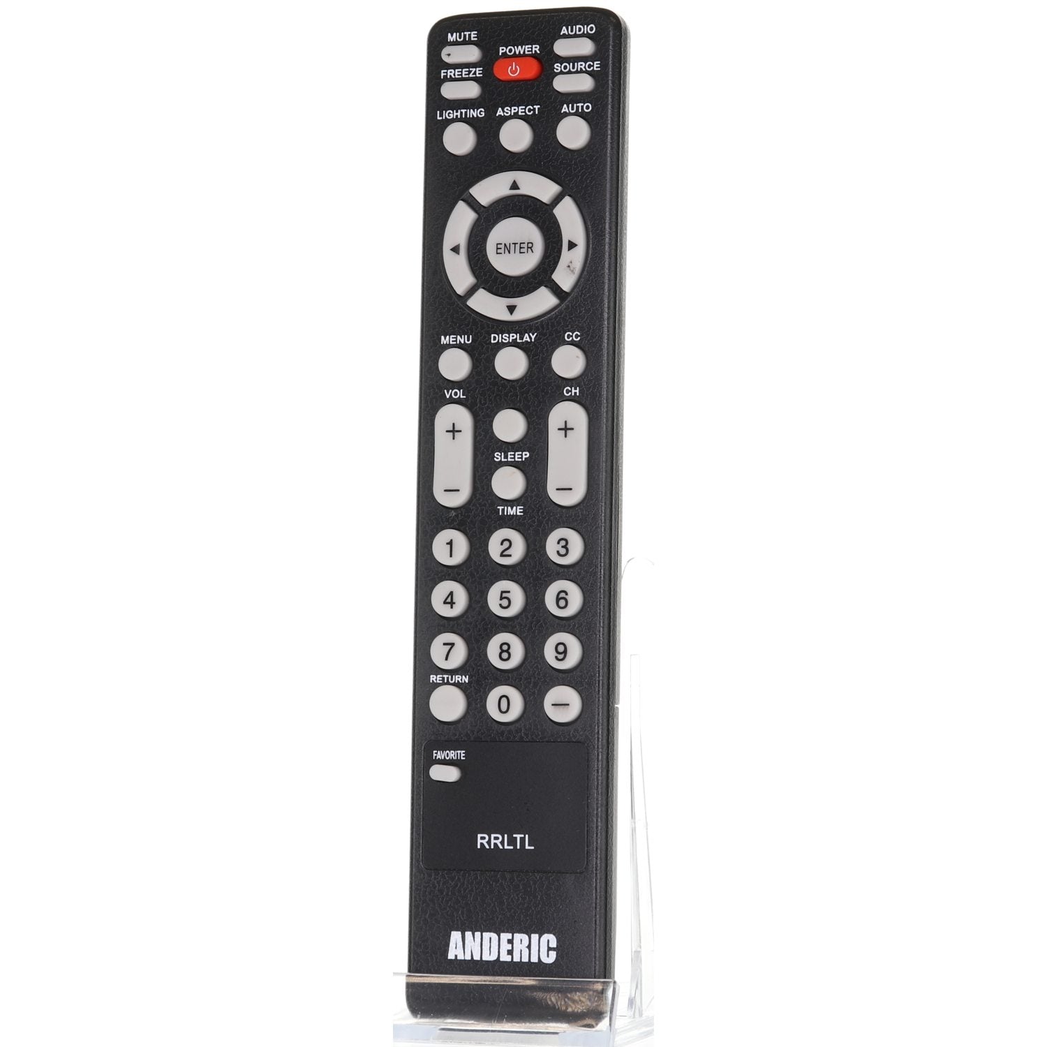 The Anderic RRLTL OLEVIA TV Remote Control (RC-LTL) is a sleek black and silver accessory for Olevia TVs. It features buttons for power, volume, channel, and includes a numeric keypad. Pre-programmed for convenience, it requires no additional setup and stands upright on a clear stand.