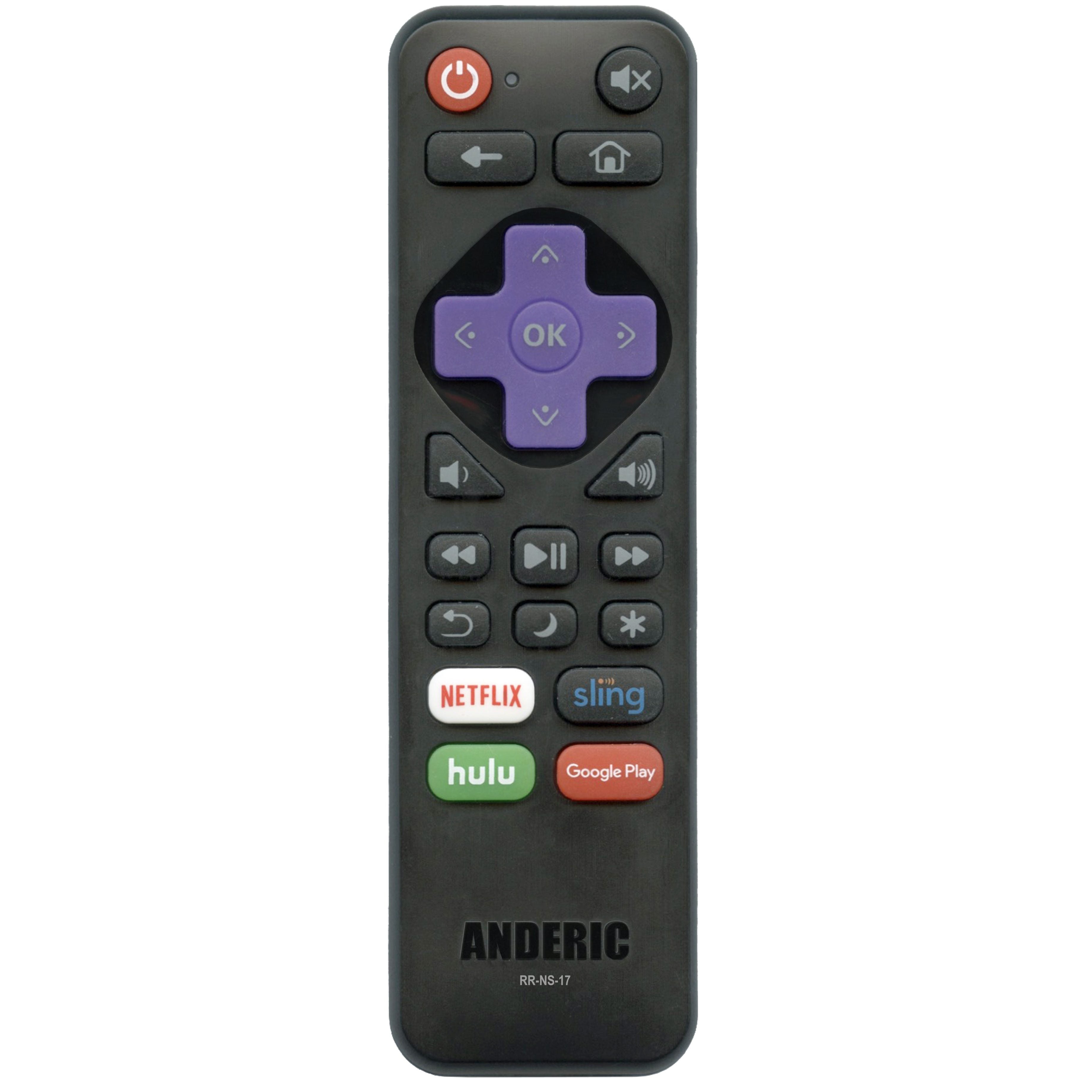 The Anderic RRNS17 for Insignia Roku TV remote includes a directional pad, volume and playback buttons, and shortcut keys for Netflix, Sling, Hulu, and Google Play. It's designed for ease of use with a sleek layout and branded "Anderic" at the bottom.