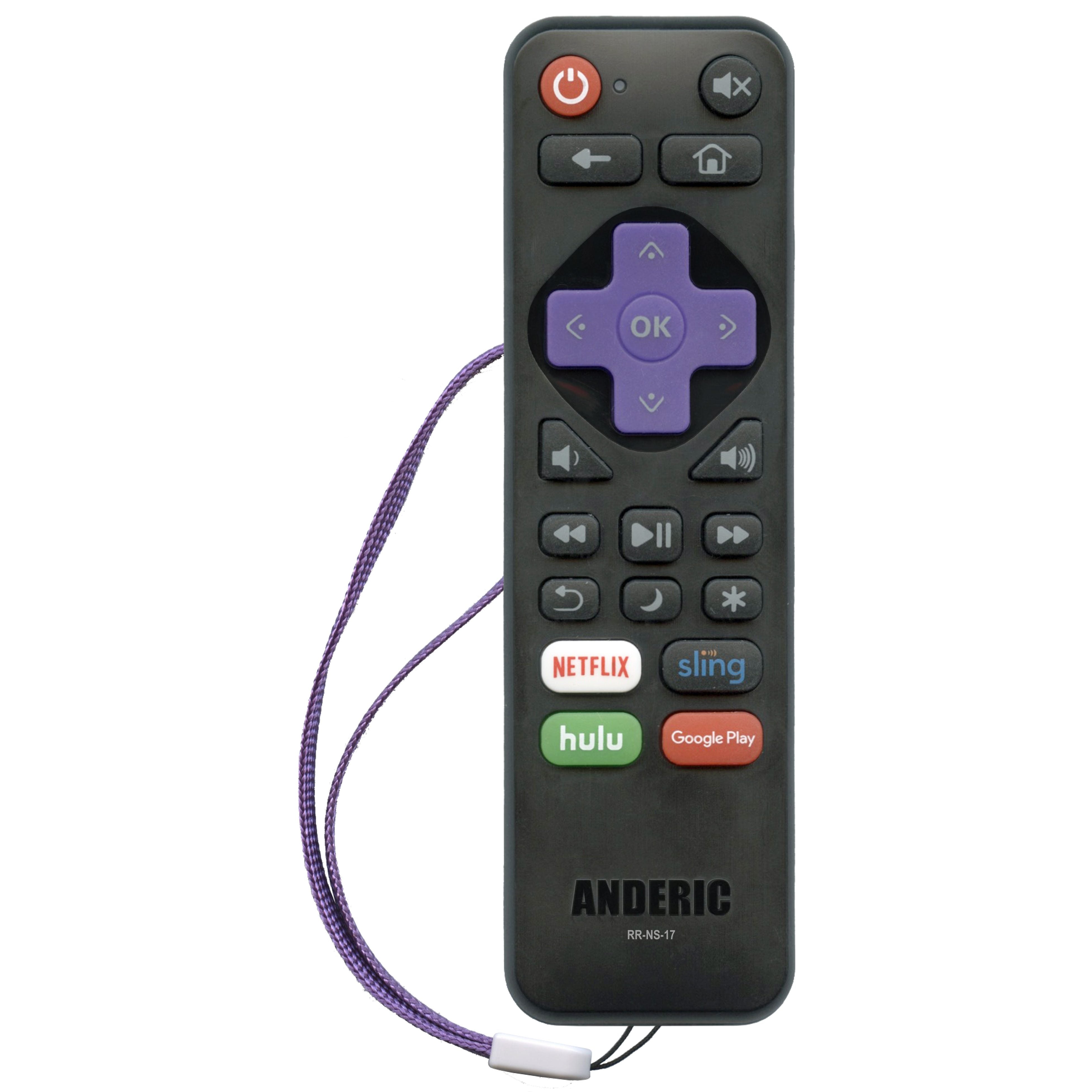 The Anderic RRNS17 for Insignia Roku Enhanced TV Remote Control includes a purple directional pad, power button, volume controls, and dedicated buttons for Netflix, Sling, Hulu, and Google Play. An attached wrist strap provides easy handling.