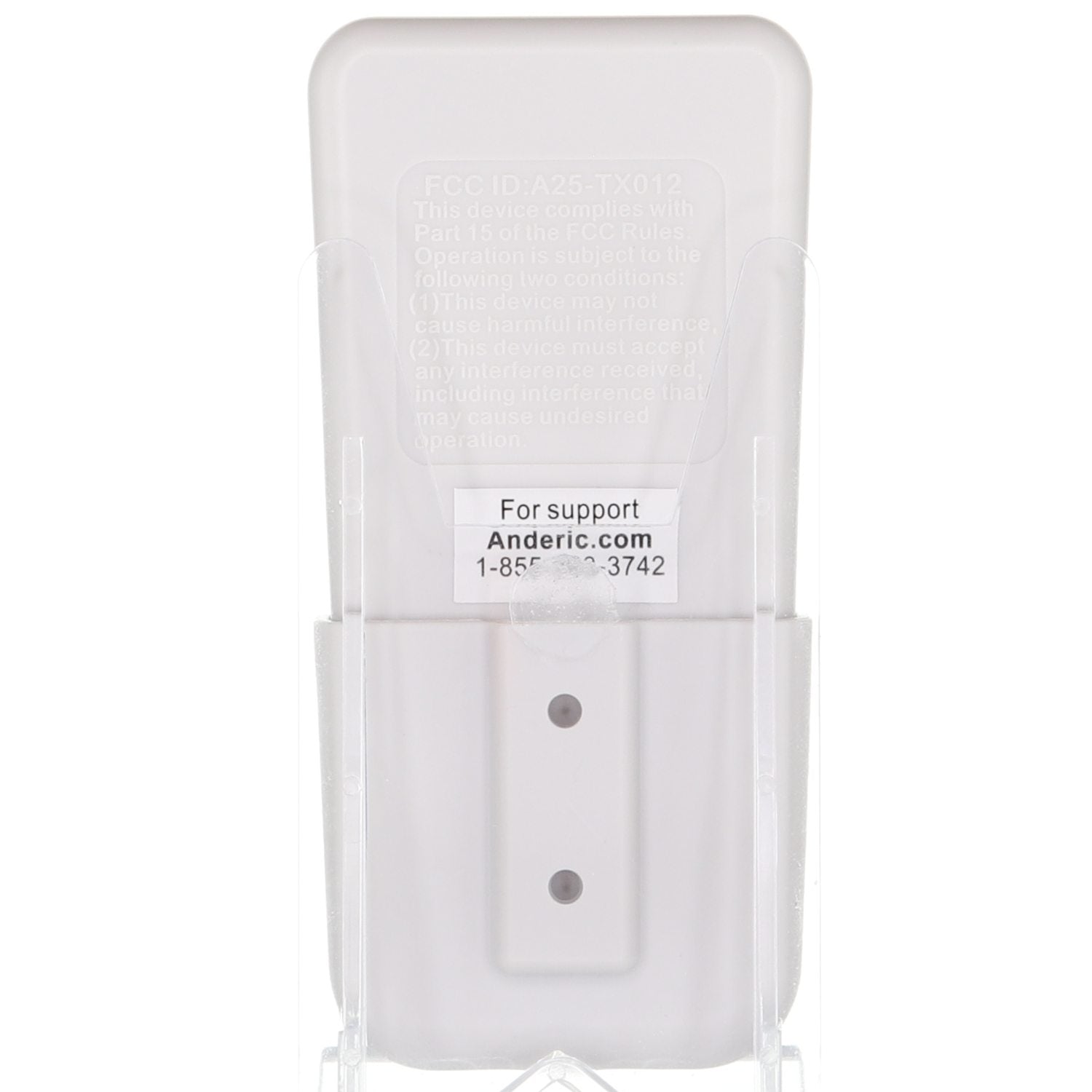 Back view of a Harbor Breeze remote control showing text with an FCC ID, support website, and phone number. The Anderic RRTX012 for Harbor Breeze A25-TX012 A25-TX025 remote is known for its compatibility with DC ceiling fans, ensuring seamless integration and user convenience.