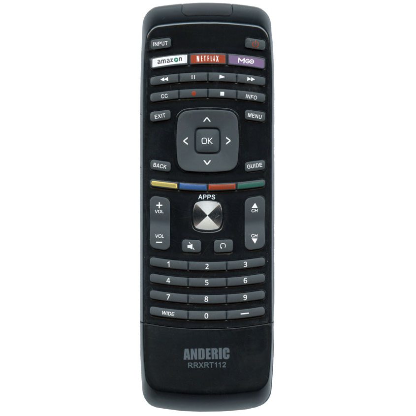 The Anderic RRXRT112 black remote provides seamless compatibility with Vizio TVs, featuring input, streaming services, and app buttons. It includes a numeric keypad plus volume and navigation buttons for effortless control.