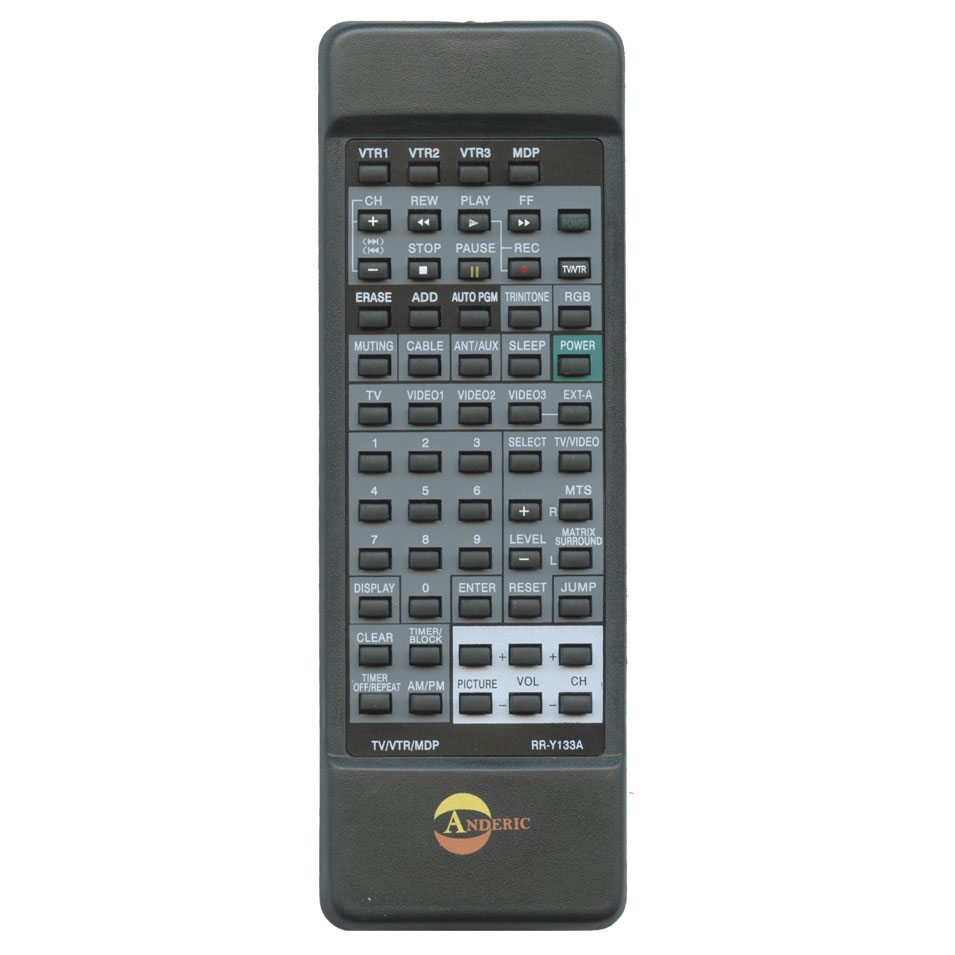 The Anderic RRY133A Sony TV Remote Control is black and pre-programmed, featuring buttons for power, volume, channel selection, and input options.