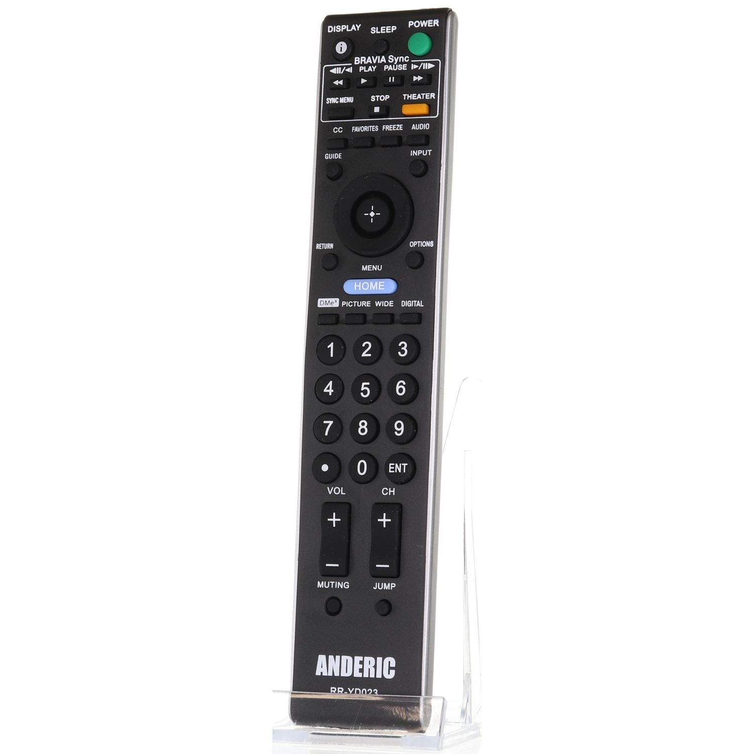 The Anderic RRYD023 is a sleek, black universal remote for Sony Bravia and other TVs, featuring buttons for volume, channel, and menu control. It includes a clear stand and offers a 1-Year Replacement Warranty.