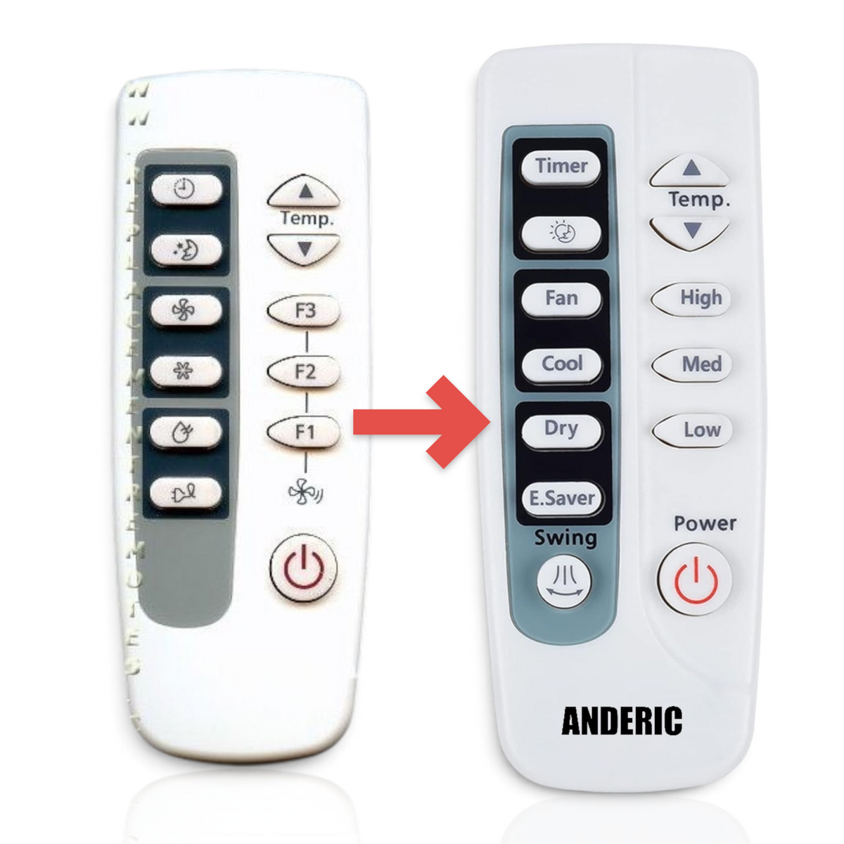 Anderic replacement remote control for Samsung air conditioners showing original and new button layouts side by side.