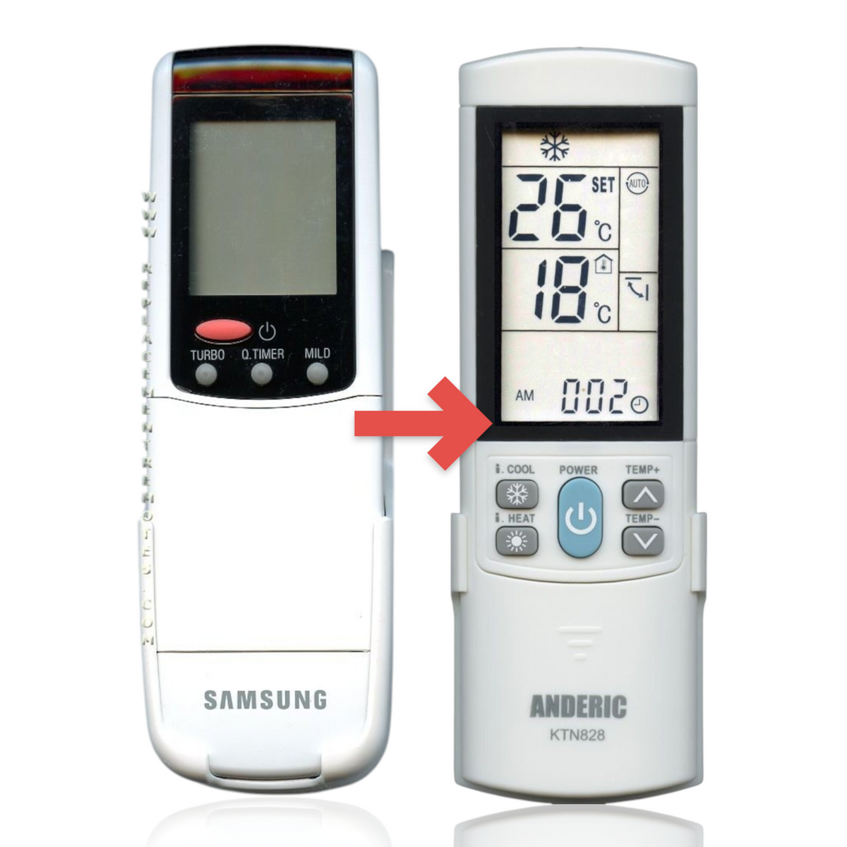 Anderic KTN828 white universal air conditioner remote control with backlit LCD screen for Samsung HVAC units