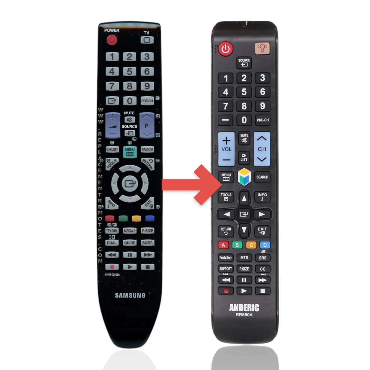 Anderic RR580A replacement remote control for Samsung TVs featuring a black layout with standard navigation buttons