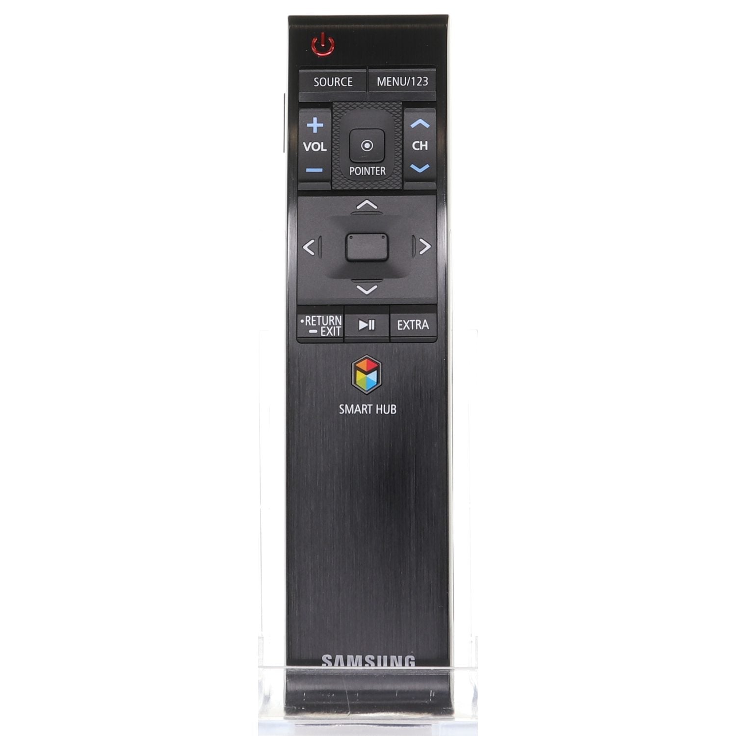 The Samsung BN59-01220E 2015 SMART RF TV Remote Control (BN5901220E) with navigation, volume, channel controls, and Smart Hub button is shown vertically on a white background.