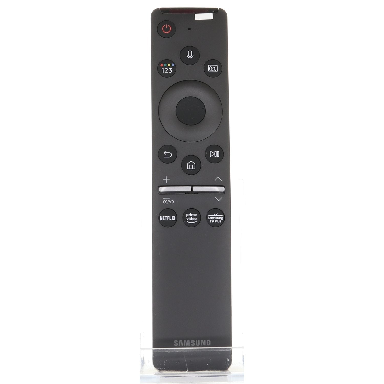 The Samsung BN59-01330A / RMCSPR1AP1 2020 RF Voice TV Remote Control features power, volume, channel, navigation buttons, plus dedicated Netflix, Prime Video, and Samsung TV Plus controls in black.