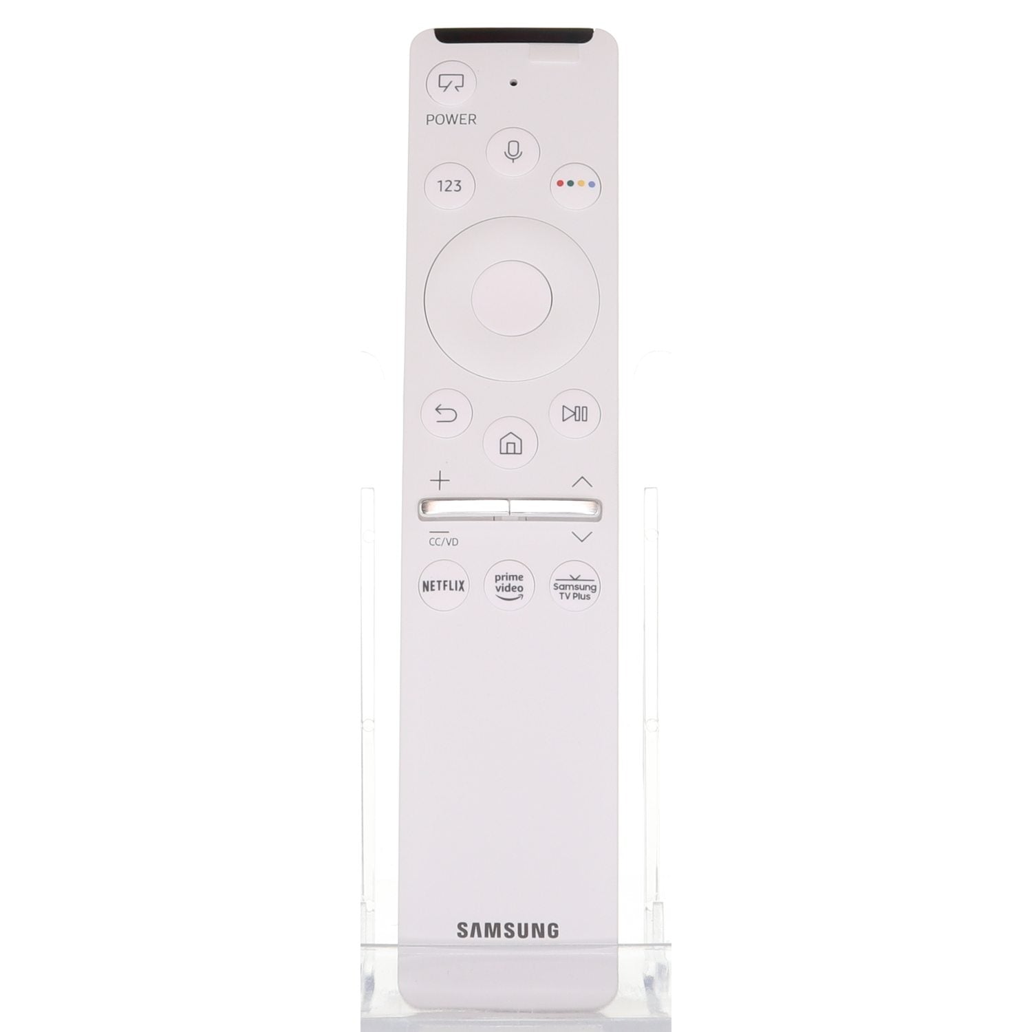 The Samsung BN59-01330H / RMCSPR1AP1 2019 RF Voice TV Remote Control for The Frame TV offers power, navigation, volume, voice control, plus dedicated Netflix, Prime Video, and Samsung TV Plus shortcut buttons.