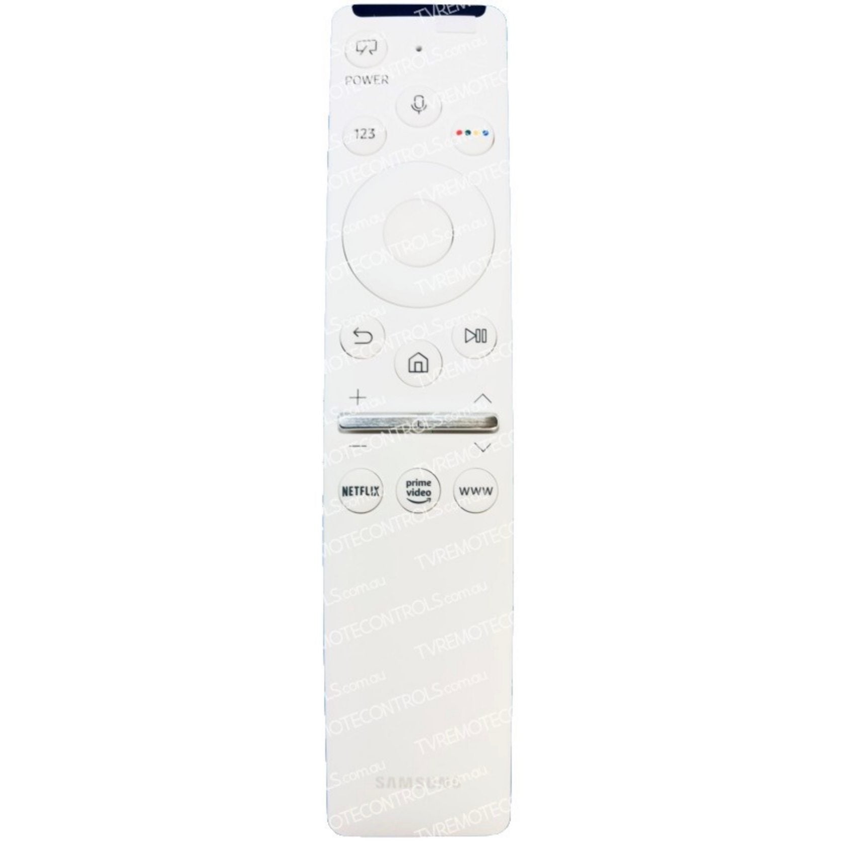 Samsung BN59-01330M / RMCSPR1AP1 2020 RF Voice TV Remote for The Frame TV, features power, volume, channel, navigation buttons, and dedicated Netflix, Prime Video, and WWW controls—compatible with The Frame TV.