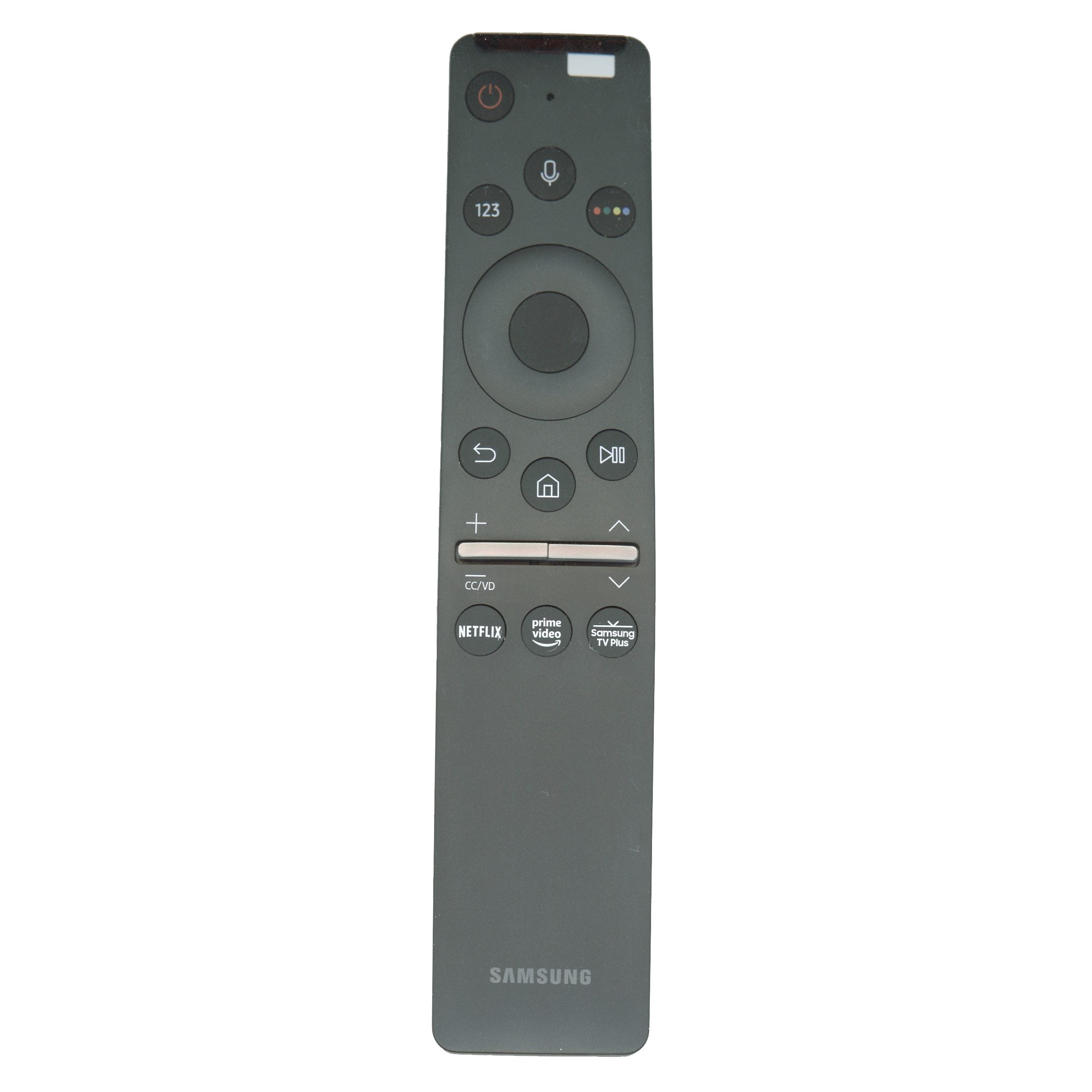 The Samsung BN59-01330V RF Voice TV Remote Control features power, volume, navigation buttons, and dedicated keys for Netflix, Prime Video, and Samsung TV Plus.