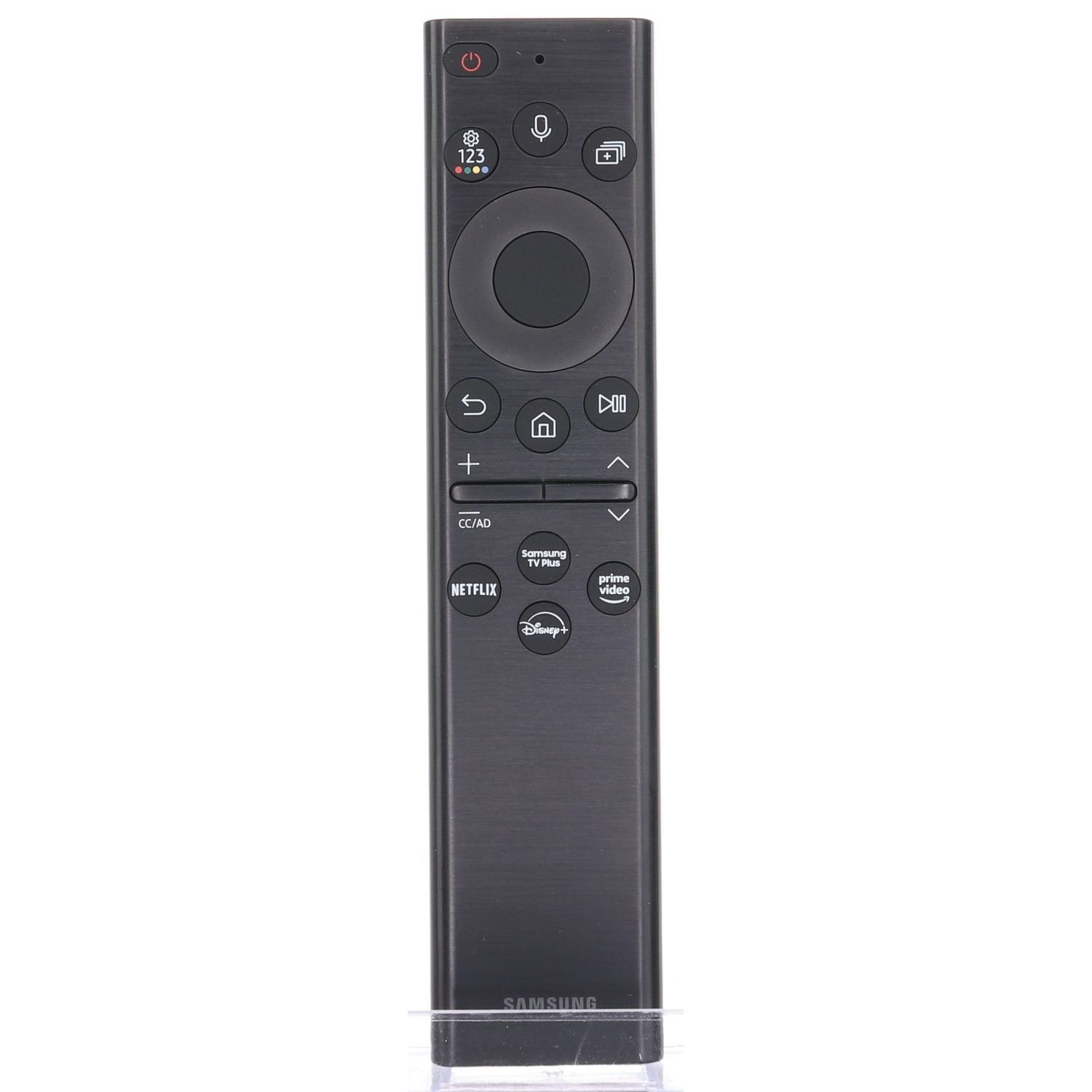 The black Samsung BN5901385A/TM2280E 2022 Smart SolarCell TV Remote Control features a circular navigation pad and dedicated buttons for Netflix, Prime, and Disney+, making it the perfect match for your QLED TV.