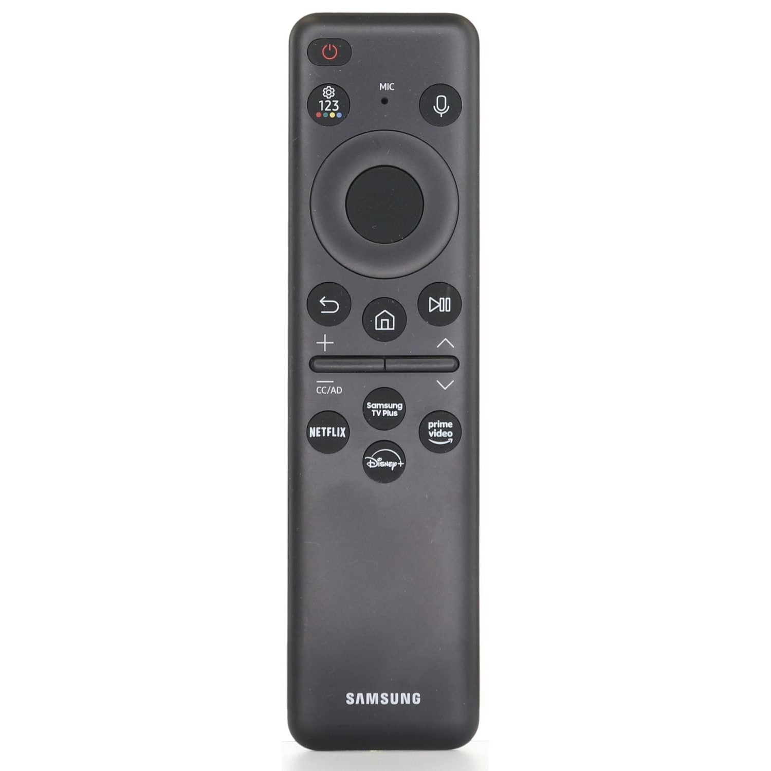 The Samsung BN5901385A / TM2280E 2022 Smart SolarCell TV Remote Control offers power, microphone, navigation buttons, volume control, home, play/pause functions and shortcuts for Netflix, Prime Video, Disney+, Samsung TV Plus. It's compatible with QLED TVs for an enhanced viewing experience.