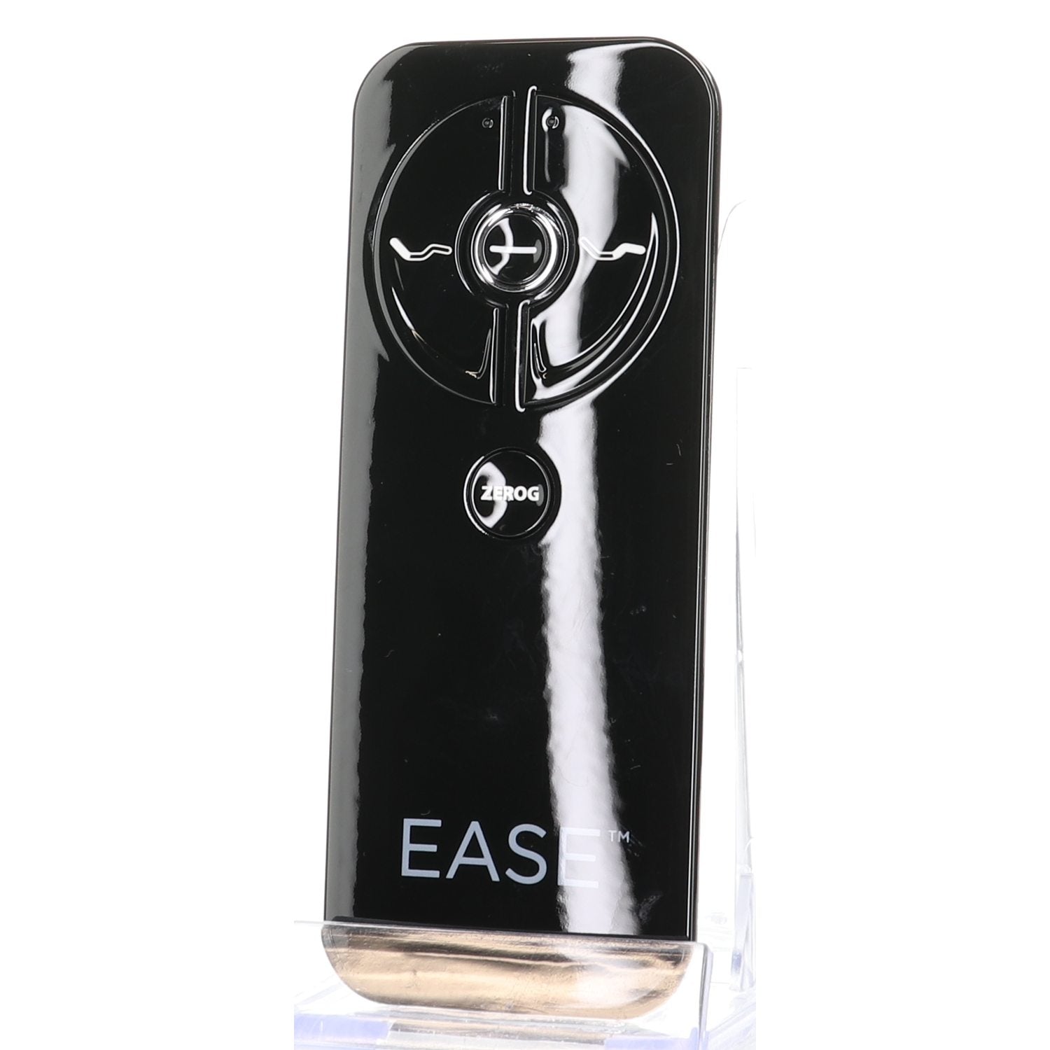 The Sealy RF368B EASE BLACK ERGO Adjustable Bed Remote Control (JLDK.30.03.13), a black handheld device with a circular component and “ZEROG” button on the front, is shown on a clear stand.