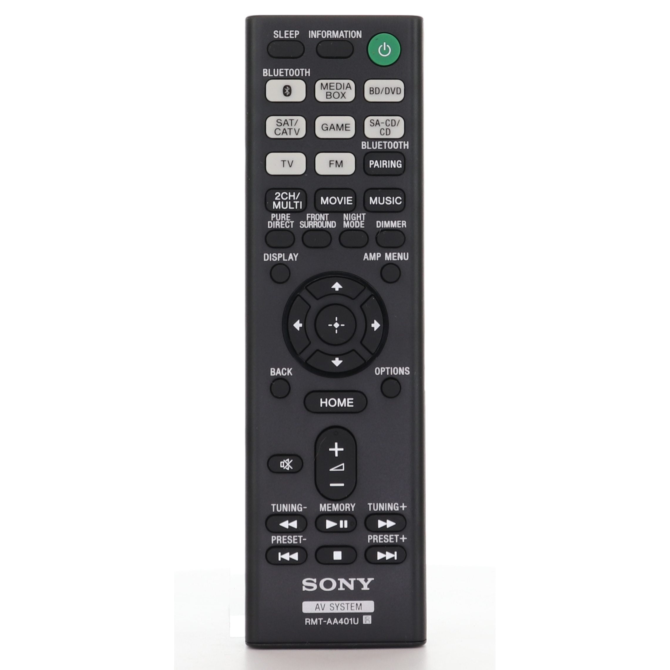 The Sony RMT-AA401U Receiver Remote Control is compatible with the STRDH590, offering input selection, sound modes, volume adjustment, navigation, and full device control.