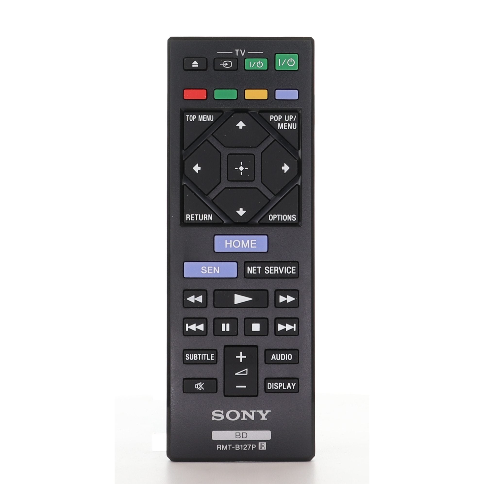 The Sony RMTB127P Blu-ray Remote Control includes buttons for power, options, home, menu, volume, channel, and playback functions with model number RMT-B127P clearly displayed at the bottom for easy identification.
