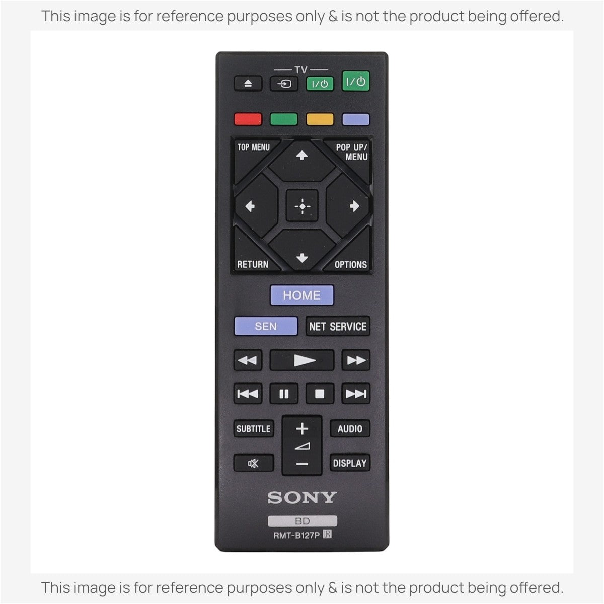 The Sony RMTB127P Blu-ray Remote Control includes buttons for power, options, home, menu, volume, channel, and playback functions with model number RMT-B127P clearly displayed at the bottom for easy identification.