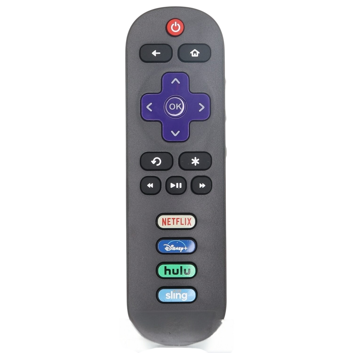 Anderic TCL Roku TV remote control with purple navigation pad and dedicated streaming service shortcut buttons.