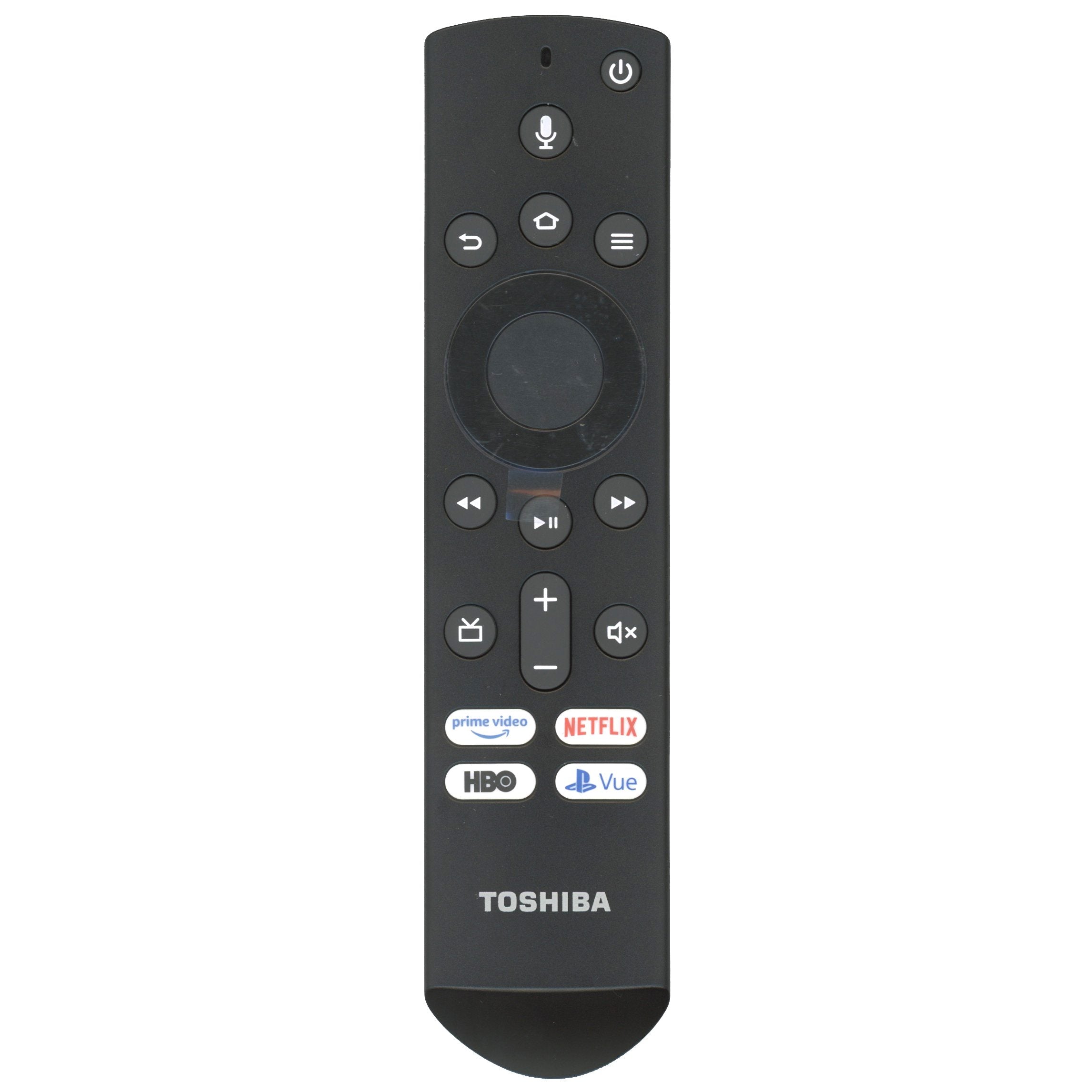 The Toshiba CTRC1US19 Fire Edition TV Remote in black offers controls for volume, playback, and streaming on Prime Video, Netflix, HBO, and Vue. Follow the Pairing Instructions or explore options like the Anderic RRU401.