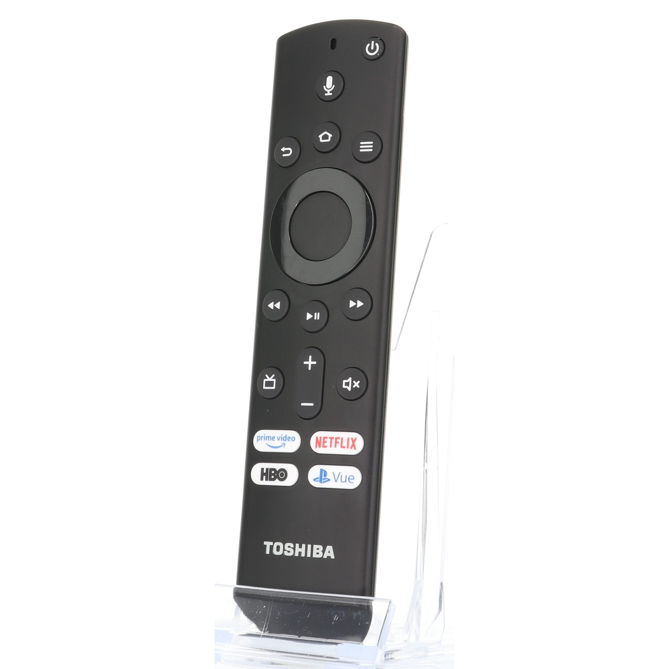 The Toshiba CTRC1US19 Fire Edition TV remote (model 1T86000001I) is compatible with the Anderic RRU401 and features buttons for Amazon Prime Video, Netflix, HBO, and Vue. It includes a central navigation pad and volume controls for easy streaming, along with pairing instructions for seamless connectivity.