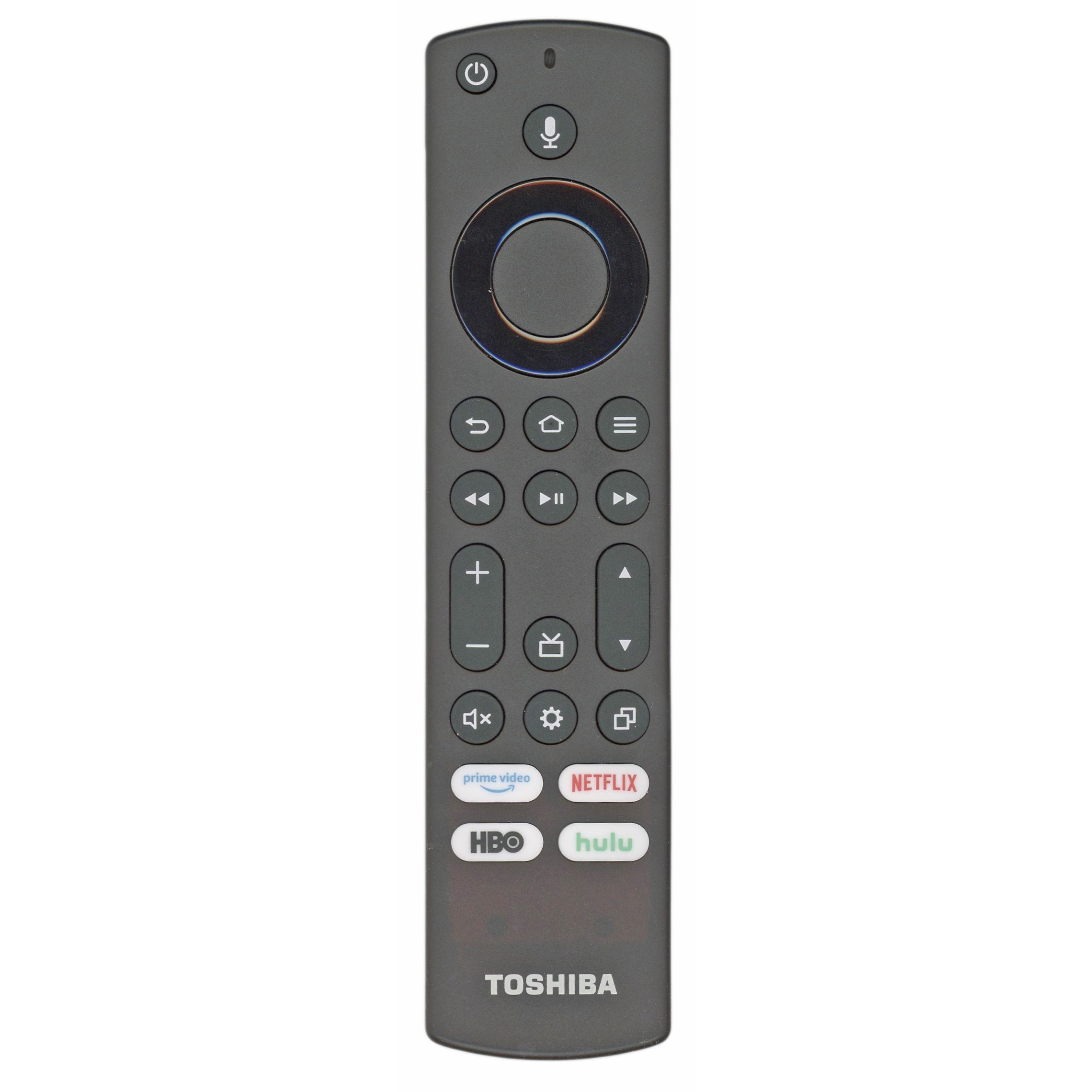 The TOSHIBA CT95018 FIRE Late 2023 TV Remote Control - CTRC1US21 offers easy access to TV pairing instructions, buttons for power, navigation, media playback, volume, and quick access to Prime Video, Netflix, HBO, and Hulu. A voice control button is conveniently located at the top.