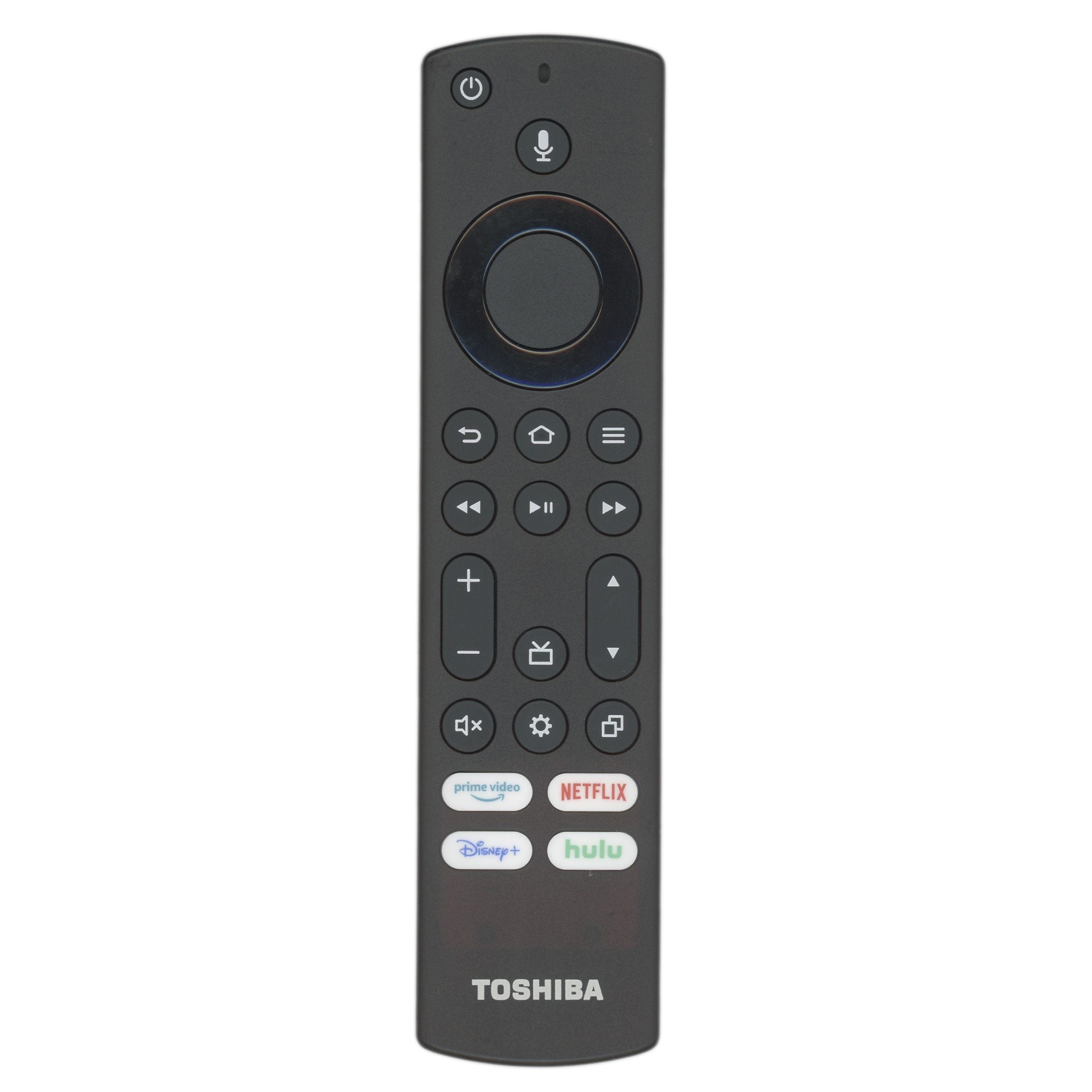 The Toshiba CTRC1US21 Rev D Fire TV Remote Control features buttons for volume, channels, and streaming services like Netflix, Prime Video, Disney+, and Hulu.