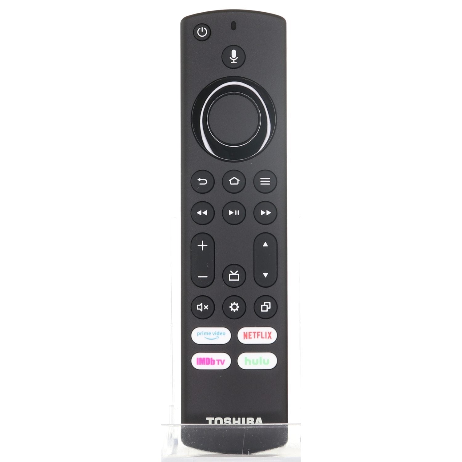 The Toshiba CTRC1US21-RevB 2021 Voice Fire TV Remote, in black, offers volume, playback, voice control buttons, and shortcuts to Prime Video, Netflix, IMDb TV, and Hulu. Perfect for Toshiba TVs with code 2678.