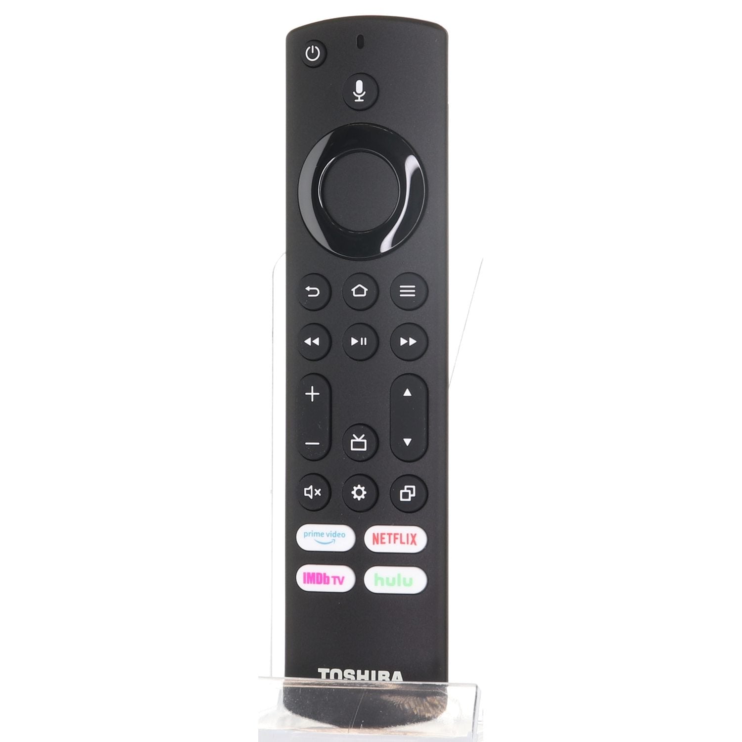 The Toshiba CTRC1US21-RevB 2021 Voice Fire TV Remote is black and includes buttons for power, volume, navigation, and dedicated controls for Prime Video, Netflix, IMDb TV, and Hulu.
