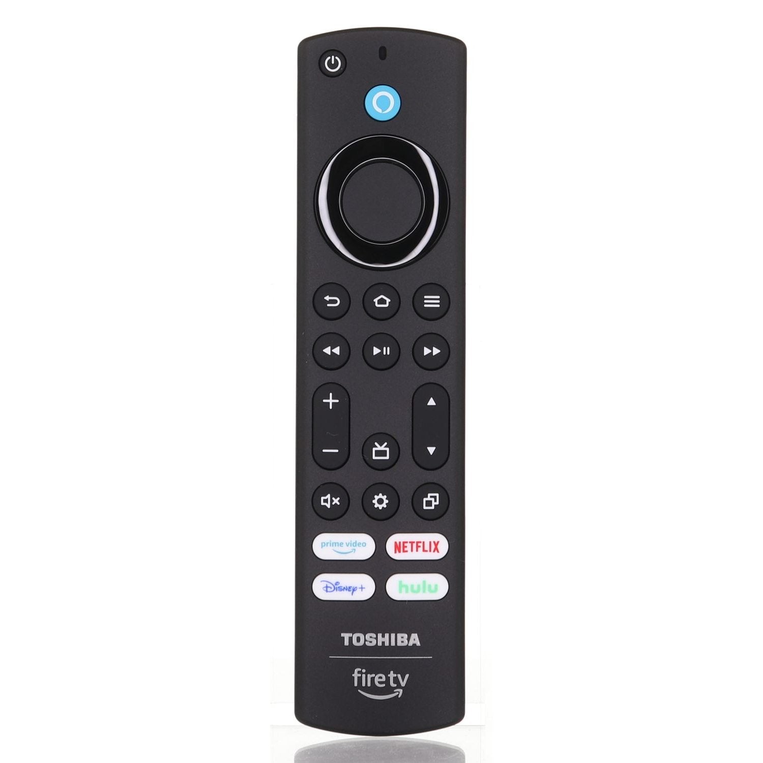 The Toshiba PUW-2K19-YKF478 FIRE Early 2023 TV Remote offers dedicated buttons for Prime Video, Netflix, Disney+, and Hulu, along with standard navigation and volume controls—ideal for enhancing your 4K UHD entertainment experience.