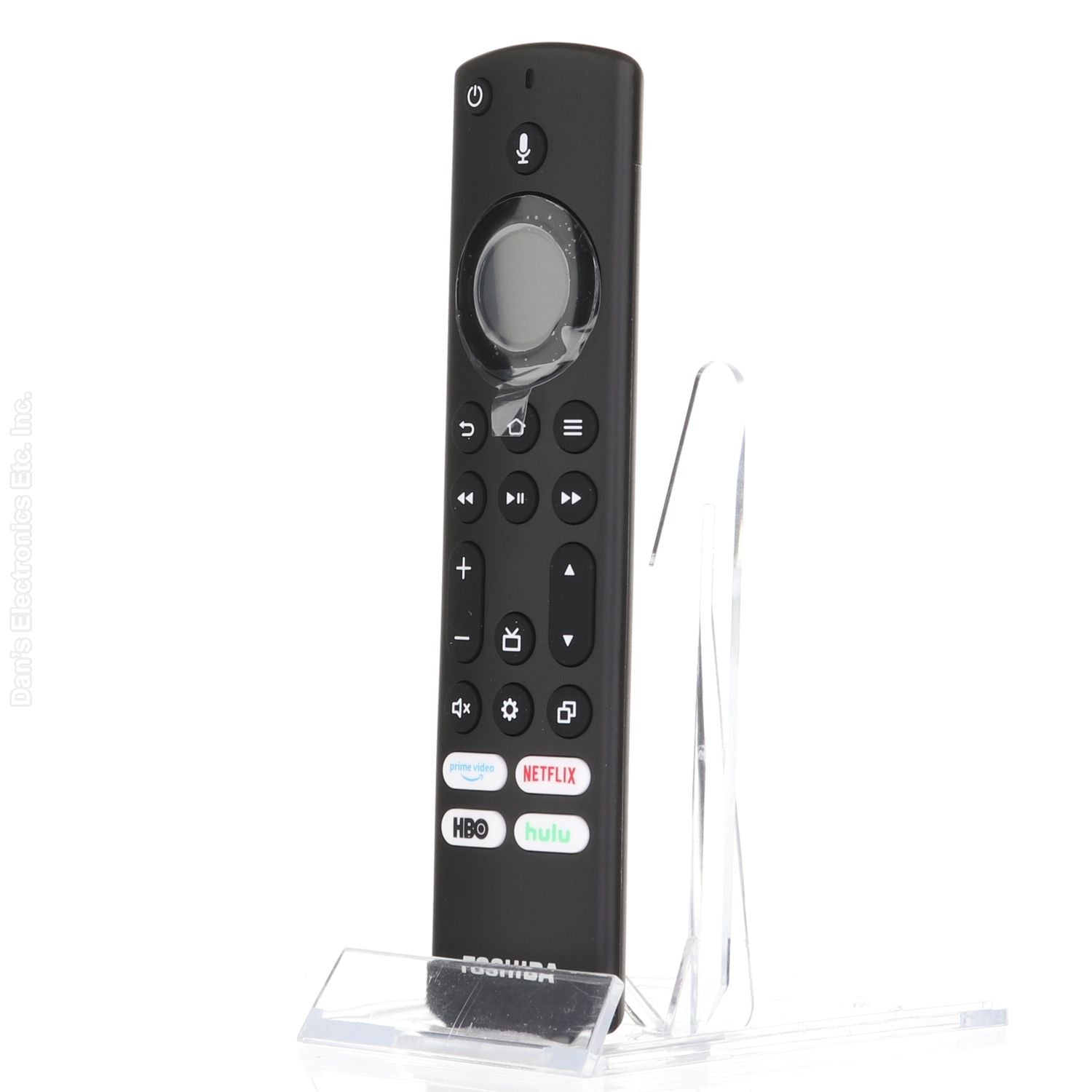 The TOSHIBA CT95018 FIRE Late 2023 TV Remote Control (CTRC1US21) in black, featuring HBO, Netflix, and Hulu buttons, elegantly rests on a clear stand. Its sleek design is enhanced with easy TV pairing instructions for seamless operation.