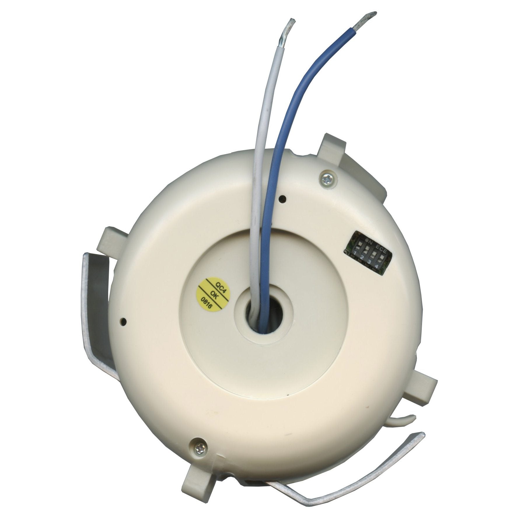 The Anderic UC7051G is a circular electronic ceiling fan receiver for Hampton Bay with a white casing and three exposed wires (blue, white, black) emerging from its center. The side clips suggest it's part of a fixture or sensor component.