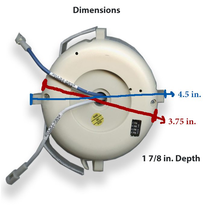 The Anderic UC7051G receiver for Hampton Bay fans includes a round component with blue and red wires, measuring 4.5 inches in diameter, 3.75 inches in the other direction, and 1⅞ inches deep, ensuring seamless integration into any setup.