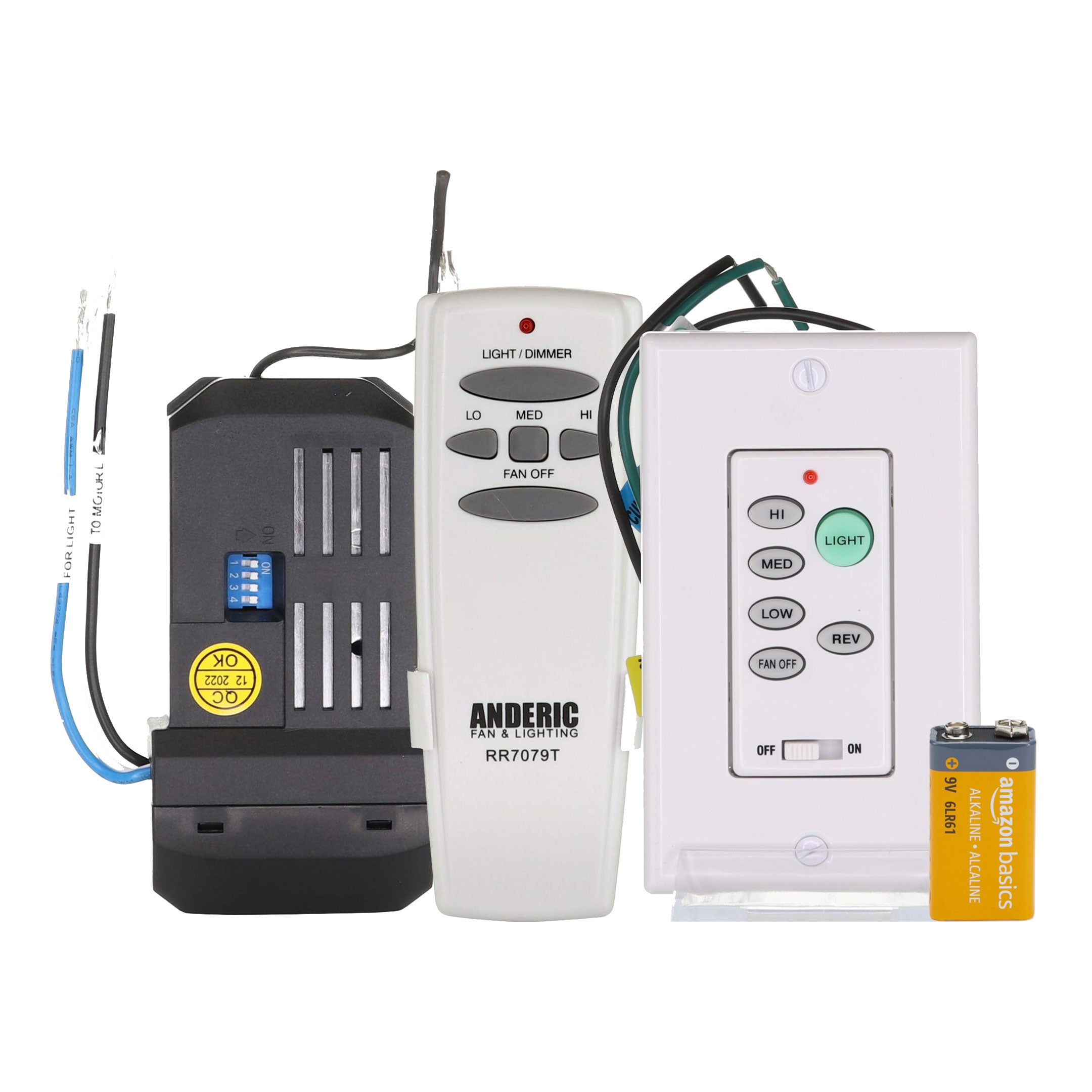 The Anderic Universal 3-Speed Ceiling Fan Remote Control Kit, including the UC9051T wired unit, UC7067FMRX receiver, RR7079T remote, wall mount, and 9V battery on a white background, offers universal compatibility for easy use with various fan models.