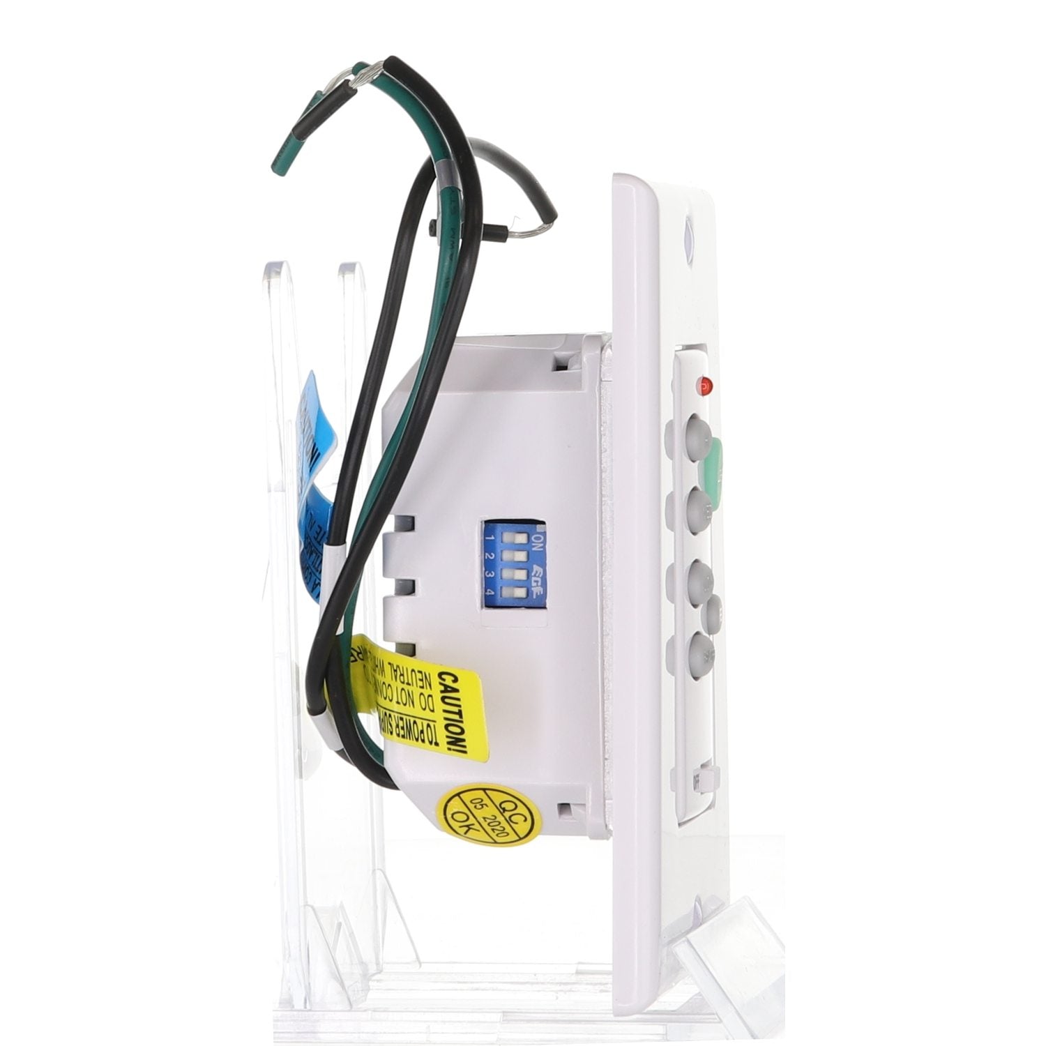 Side view of the white Anderic UC9051T/CHQ9051T wired 3-speed wall switch ceiling fan remote control with exposed wires and labels. It features multiple buttons, a blue DIP switch, and is compatible with the CHQ9051T remote.