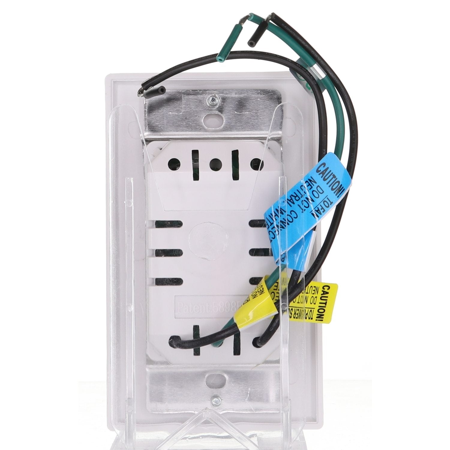 A white wall-mounted electrical outlet with exposed black and green wires, compatible with the Anderic UC9051T/CHQ9051T Wired 3-Speed Wall Switch Ceiling Fan Remote Control.