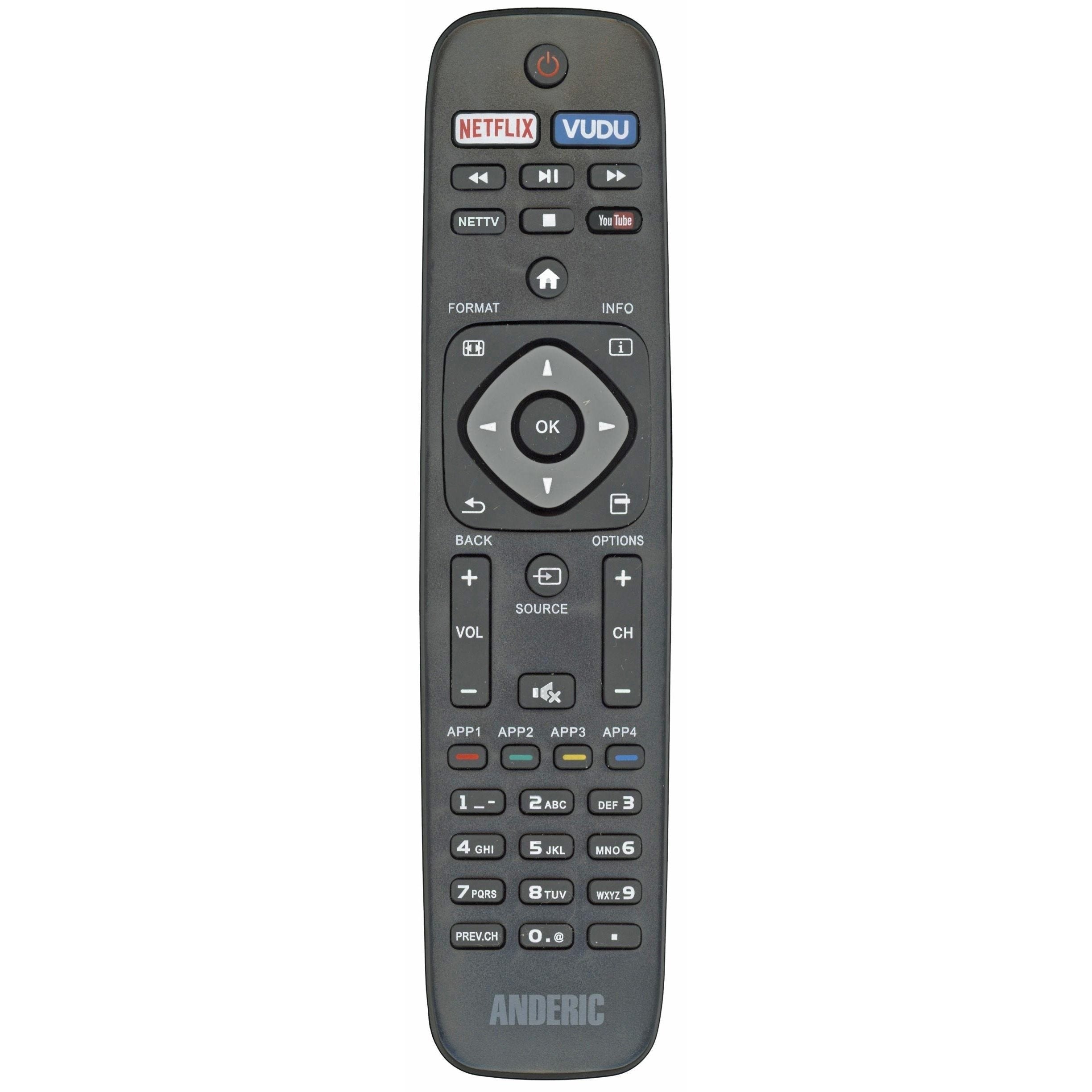 Meet the Anderic URMT41JHG003 remote for Philips Smart TVs, a universal device featuring dedicated buttons for Netflix and Vudu, plus a navigation pad, volume and channel controls, and a numeric keypad for easy entertainment management.