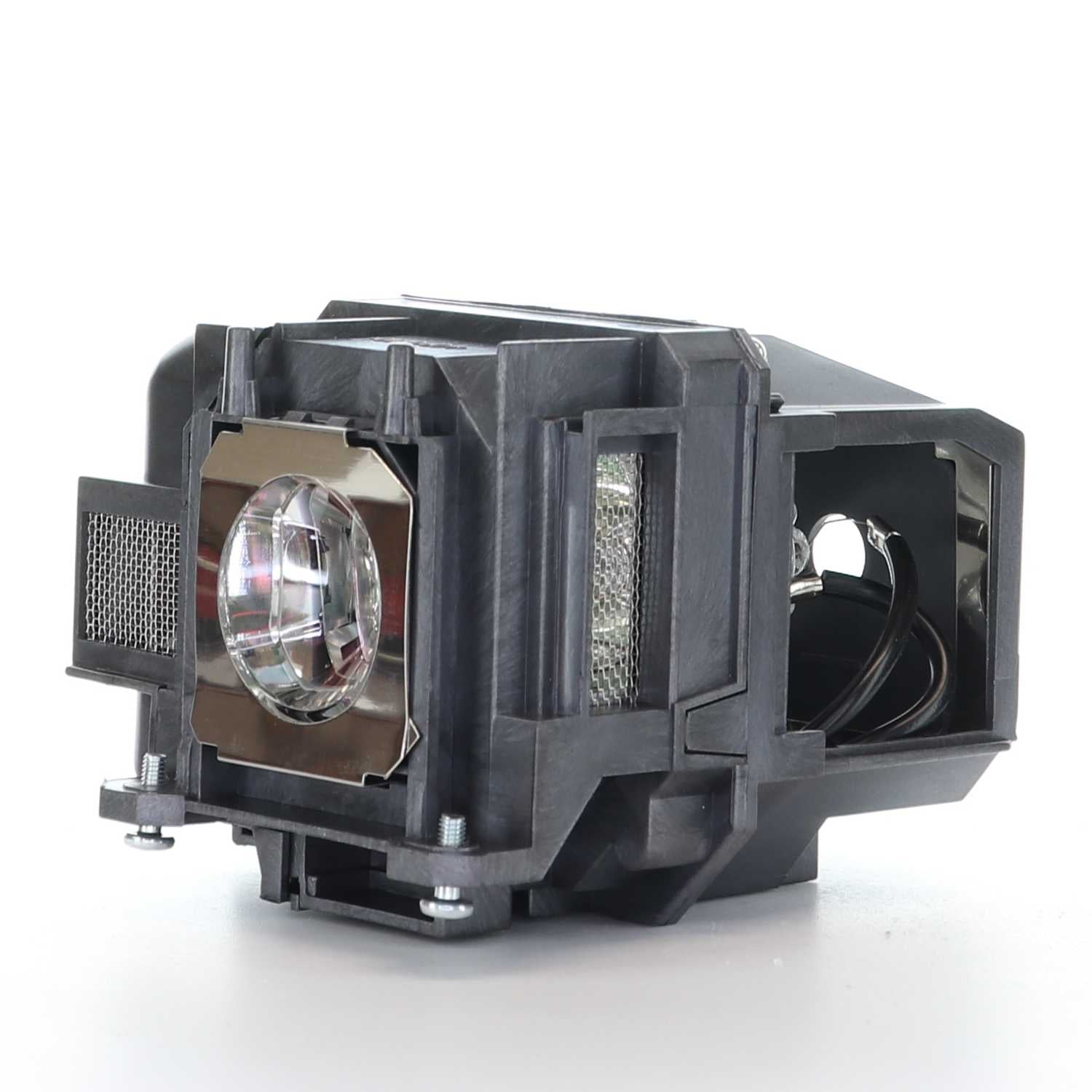A sleek black-housed Generic V13H010L87 for Epson Projector Lamp Assembly, featuring an Osram P-VIP bulb with clear glass and metal elements, is set against a crisp white background.