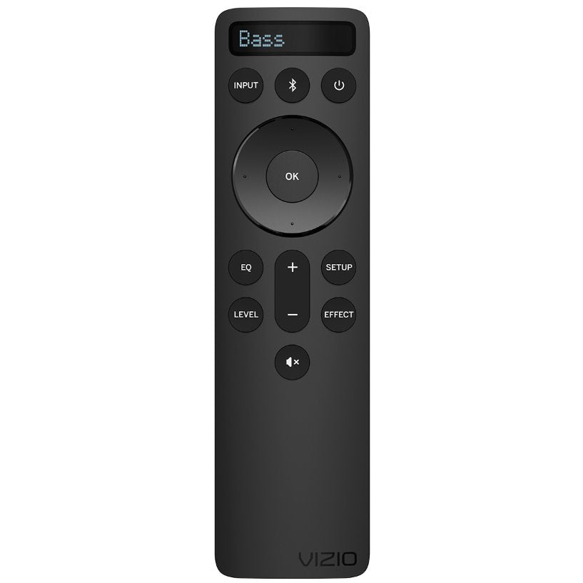 The VIZIO D510-H Home Theater Remote Control (1023-0000236) in black, features buttons for input, EQ, setup, level, effect, and playback. Its small top screen displays "Bass.