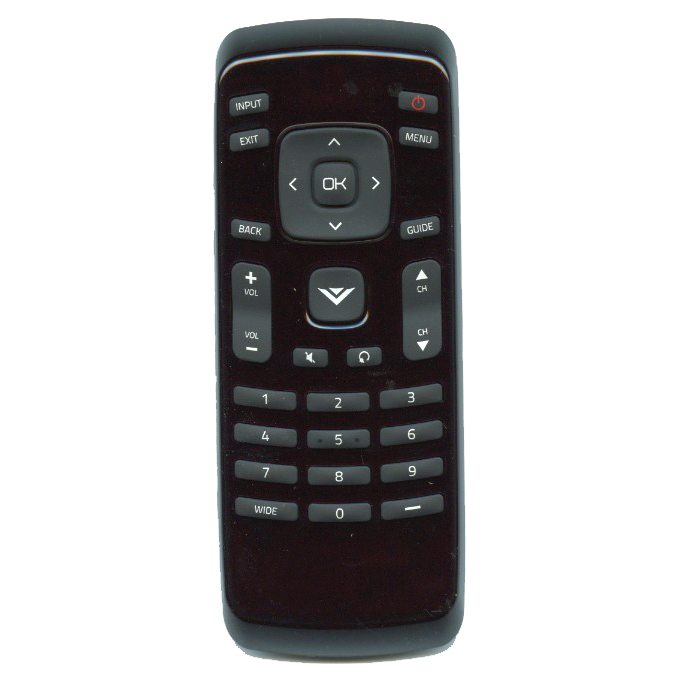 The Vizio XRT020 TV Remote Control - 98003061220 in black includes a central navigation pad, numeric keypad, and function buttons for volume and channel controls.