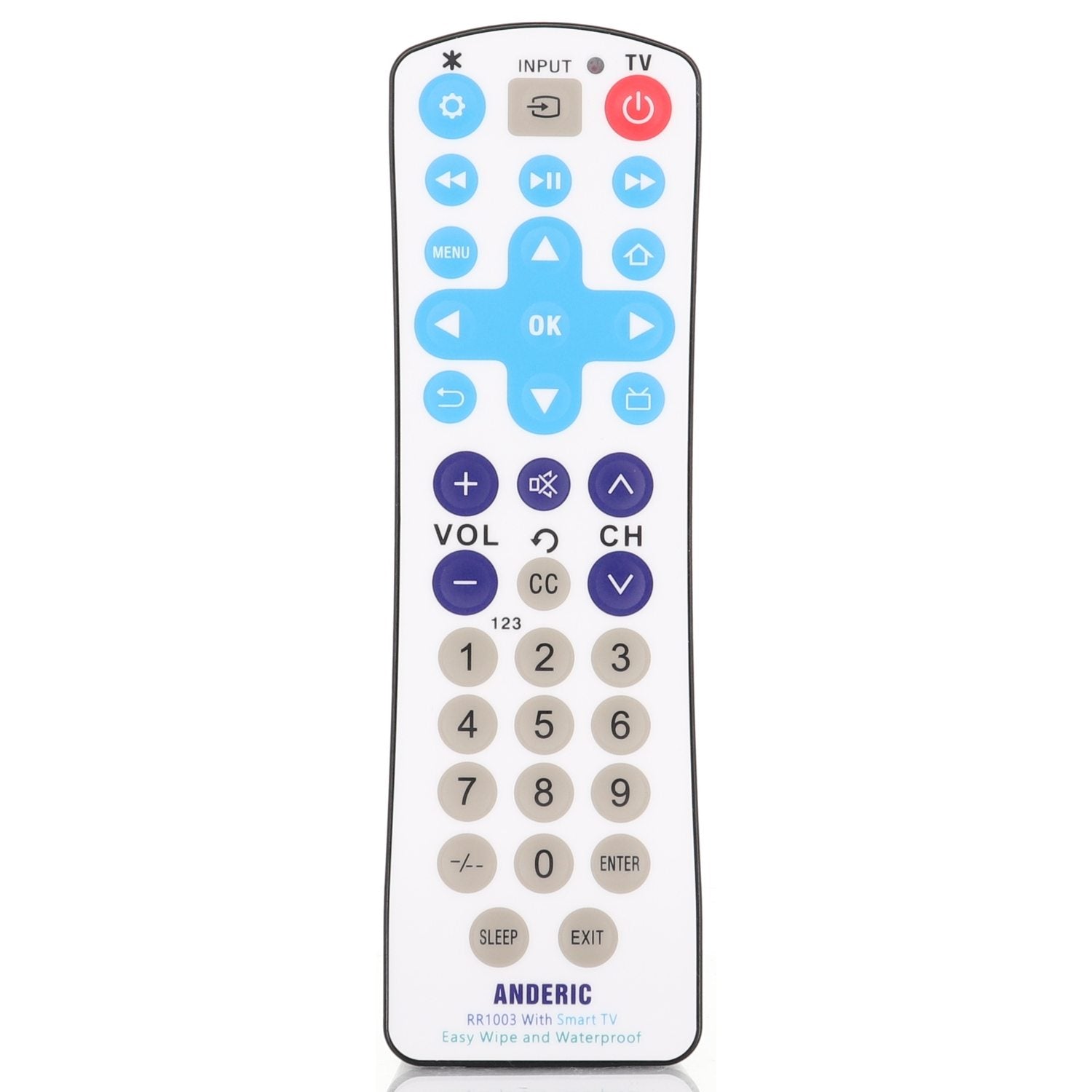 The Anderic RR1003 Outdoor Waterproof EzWipe Smart TV 1-Device Universal Remote Control is blue and white, featuring buttons for input, volume, channel, menu, numbers, and more. It is easy to clean and reliable in various settings.