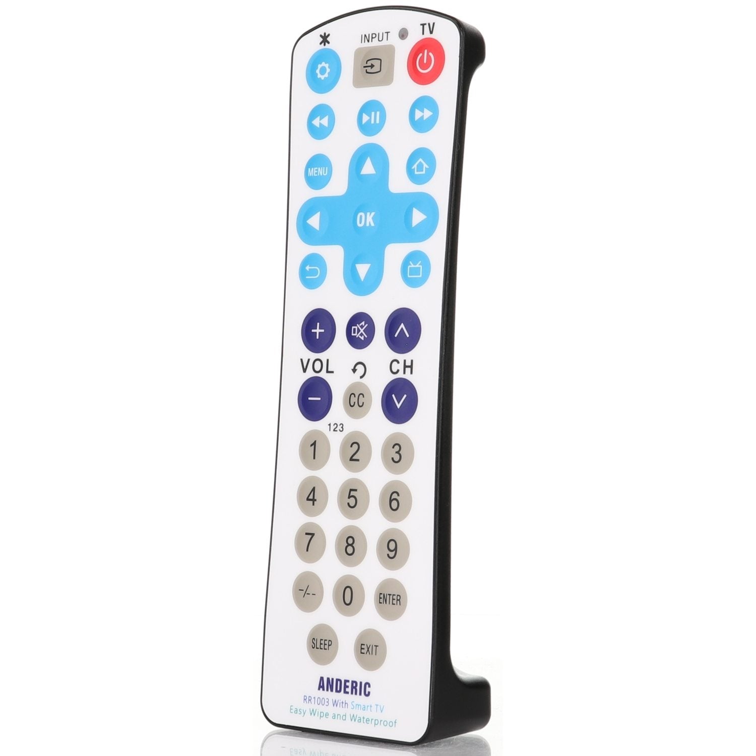 The Anderic RR1003 EzWipe Universal Remote, featuring a sleek black side, white front, and blue/gray buttons for volume, channels, input, and mute functions, effortlessly controls your entertainment system. This stylish waterproof remote is perfect for outdoor use.