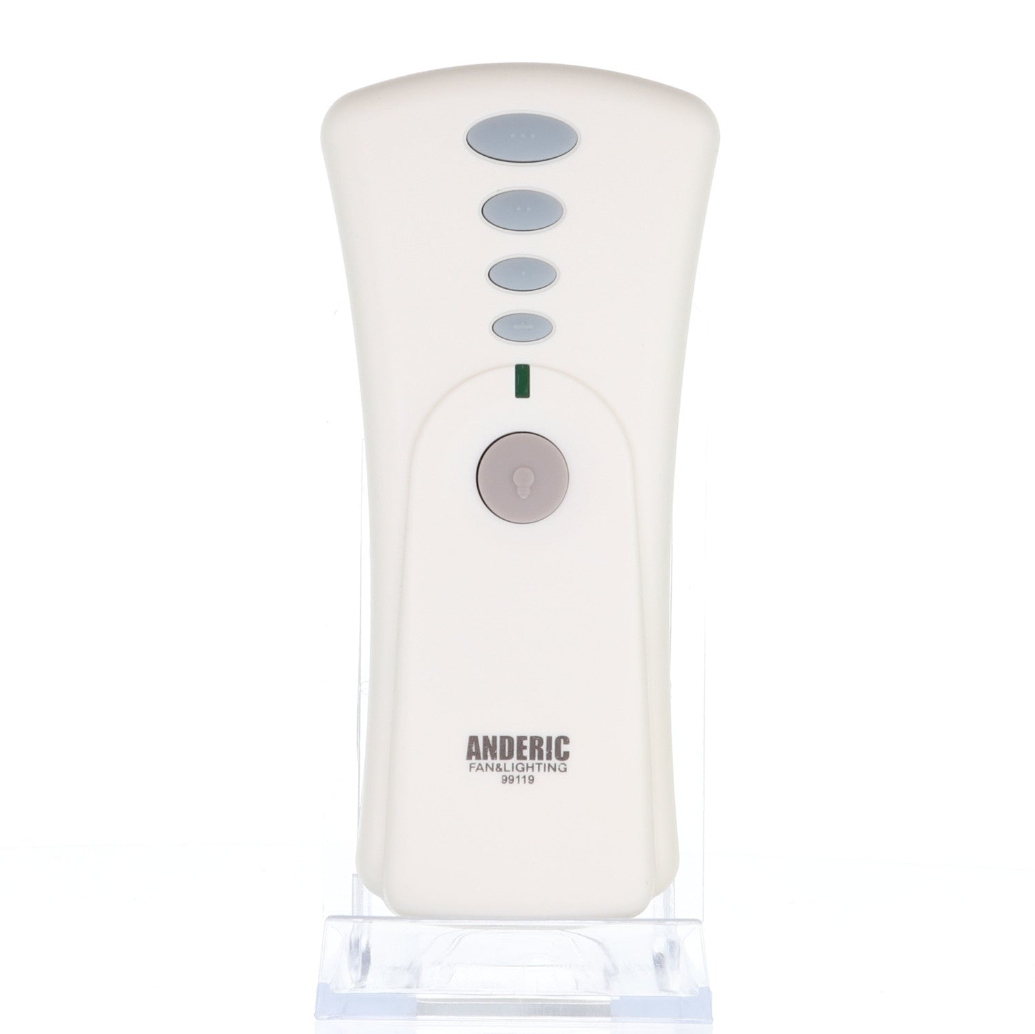 The sleek white Anderic 99119 remote control, compatible with Hunter ceiling fans, provides complete fan control through five buttons on a clear stand, ensuring convenient and efficient operation for your comfort needs.