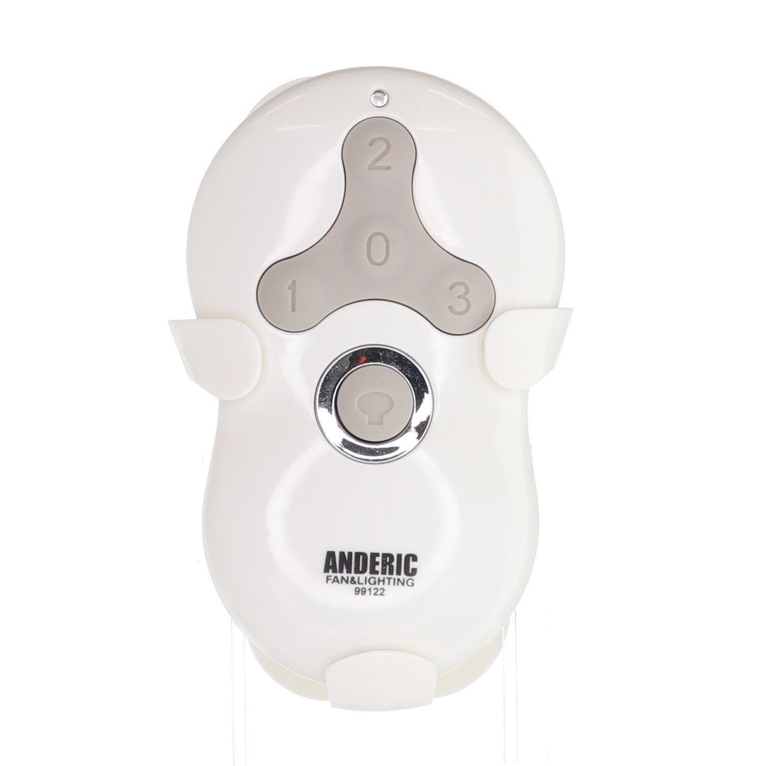 The white Anderic 99122 / IN2TX41 remote for Hunter ceiling fans features four buttons labeled 2, 0, 3, and a circular power button for seamless fan and light control.