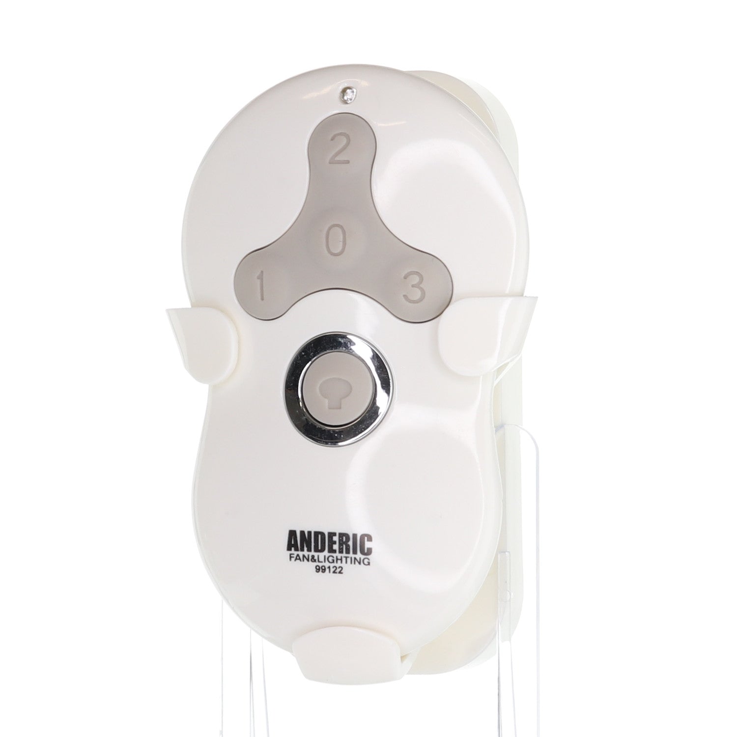 The Anderic 99122/IN2TX41 remote for Hunter ceiling fans has three gray buttons (0, 1, 2) and a silver button. The text says "ANDERIC FAN/LIGHTING 99122," making it perfect for any Hunter ceiling fan receiver.
