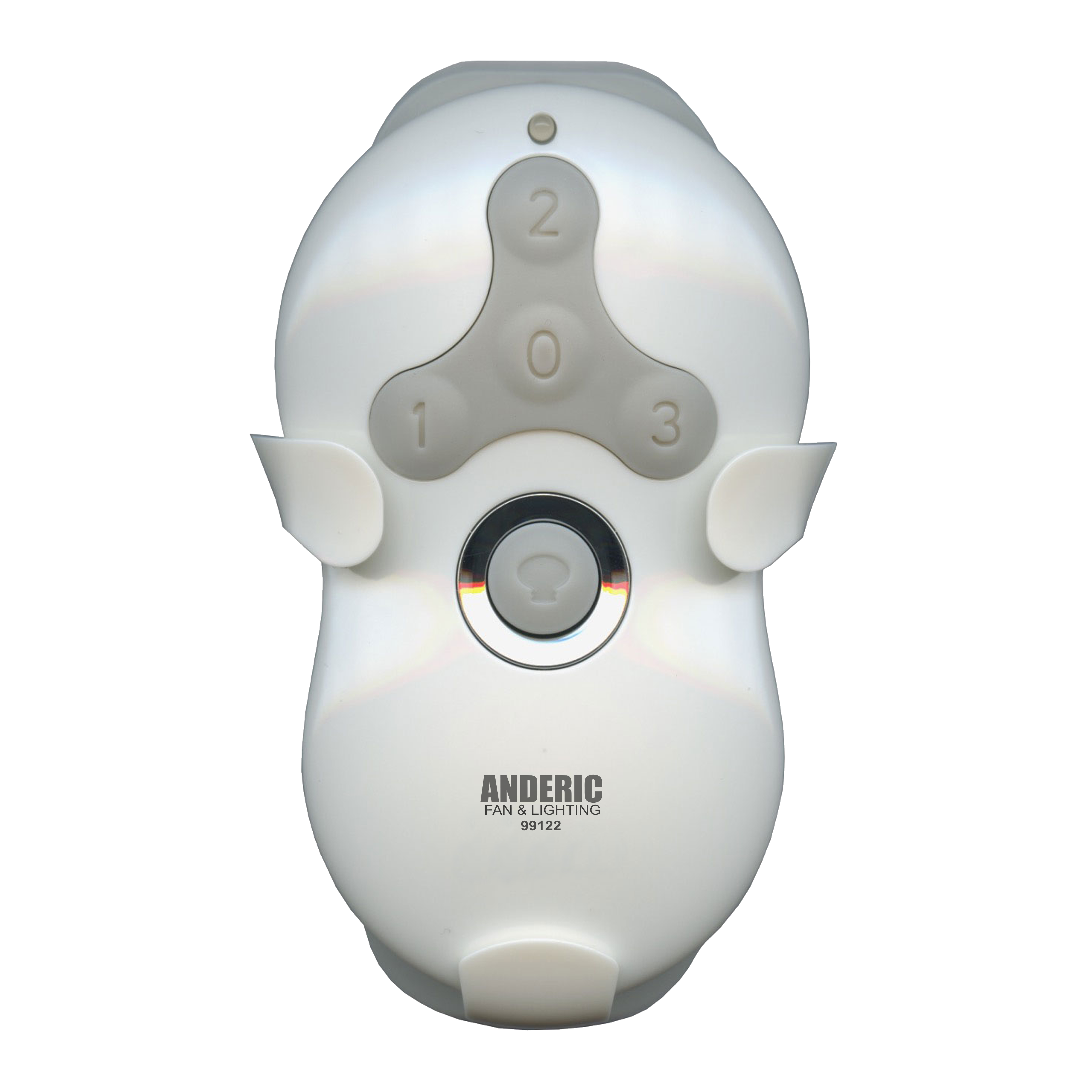 The Anderic 99122 / IN2TX41 for Hunter Ceiling Fan, 99123 2AN5T-99122, features a white remote with four buttons (0, 1, 2, 3) and a central circular button for easy control of your ceiling fan receiver or Hunter remote needs.