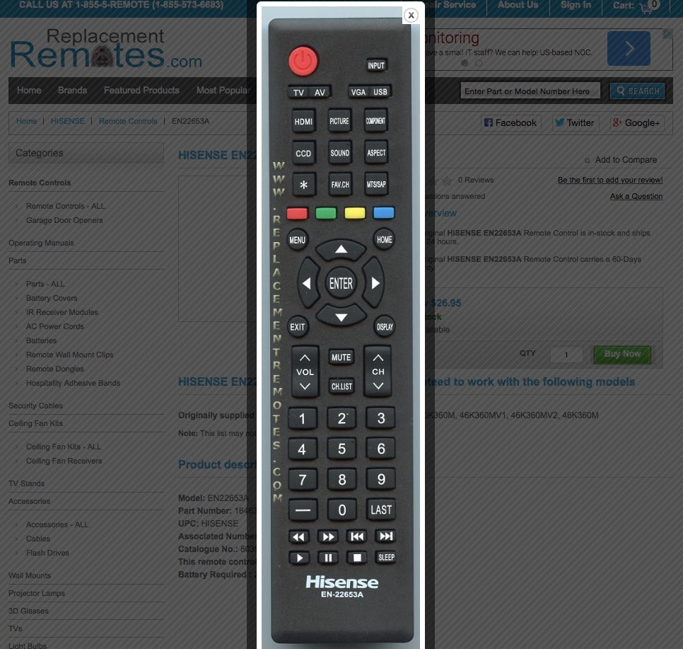 HISENSE EN22653A TV Remote Control