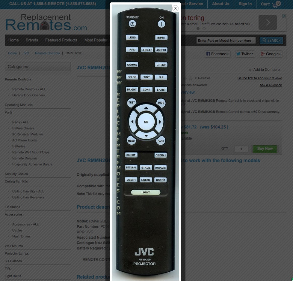 JVC RMMH2GB Projector Remote Control